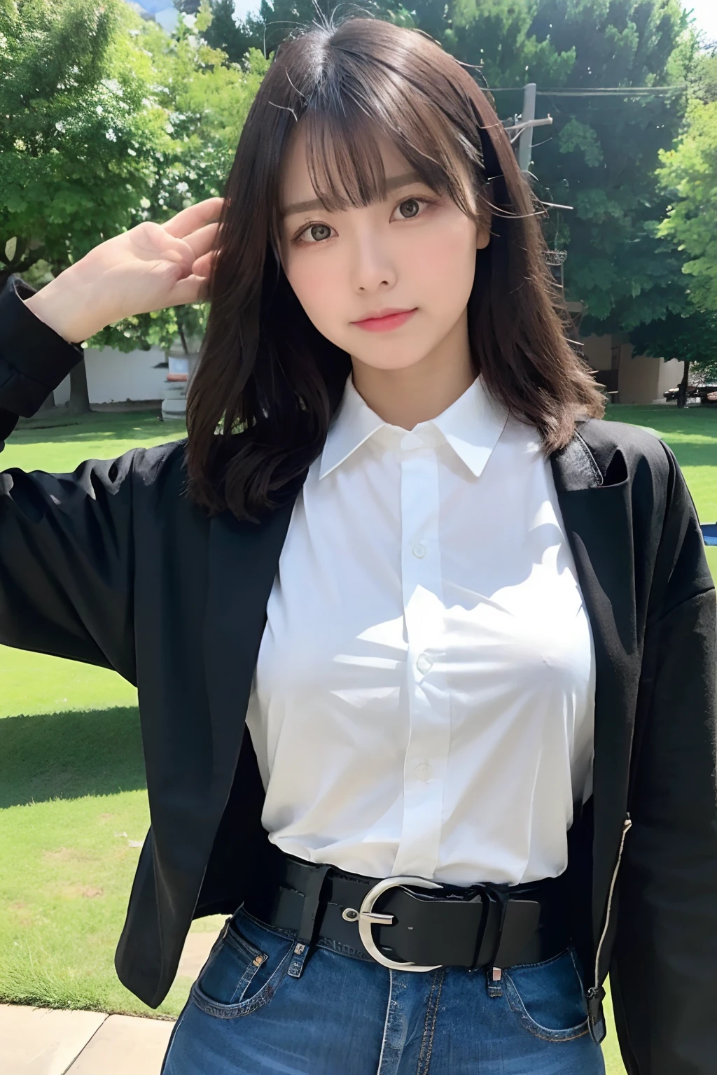 ​masterpiece、top-quality、The ultra -The high-definition、、colourfull、flat-colors、depth of fields、lens flare 1 girl、、A dark-haired、watching at viewers　Suits　Cutter shirt　a belt　suspenders　working adults　materia　OL　　Black jacket　glares　large full breasts　JINS　jeans　　profile　s ass　Armpit sweat　perspiring　Raise your hand