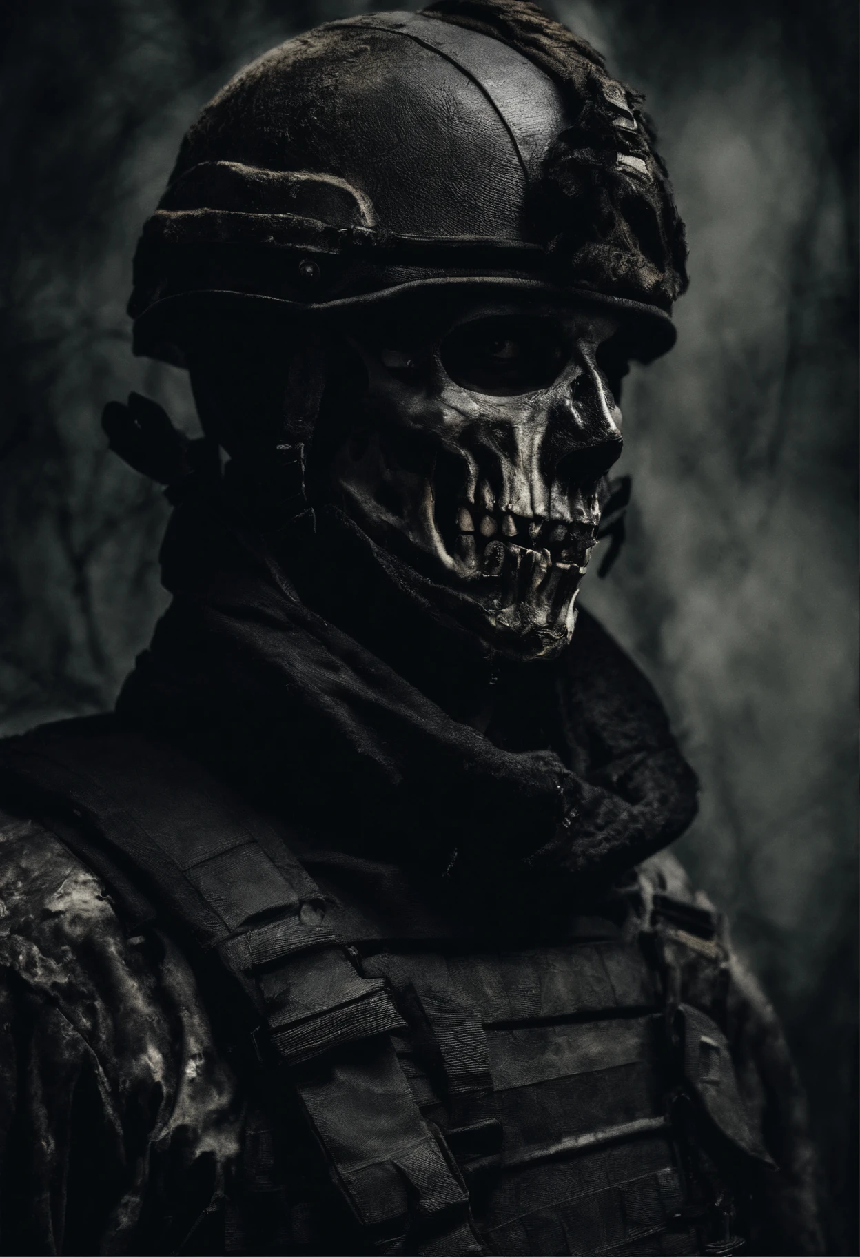 Photograph of a soldier in the armed forces, rosto de caveira, translucent skin, dentes pingando,, veias mostrando sob sua pele, Escuro, onímio