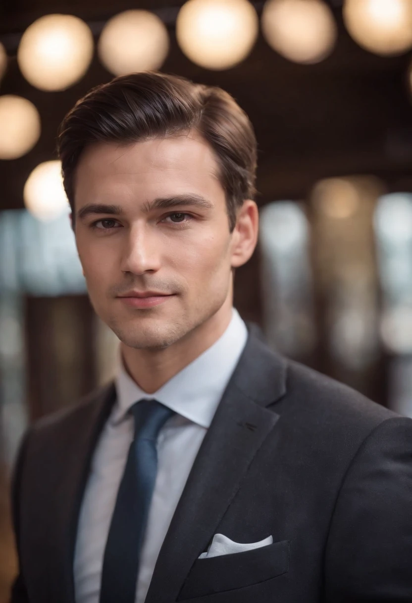 Portrait of a man in a business suit, elegant and charismatic, with a stage background, DSLR, monochrome, s1000, c3