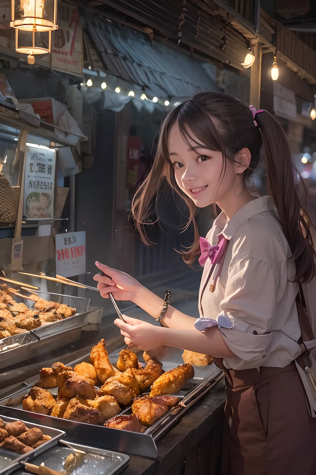 A girl, smile, At a small stall,Fried chicken wings are sold,grilling skewers,lamplight,