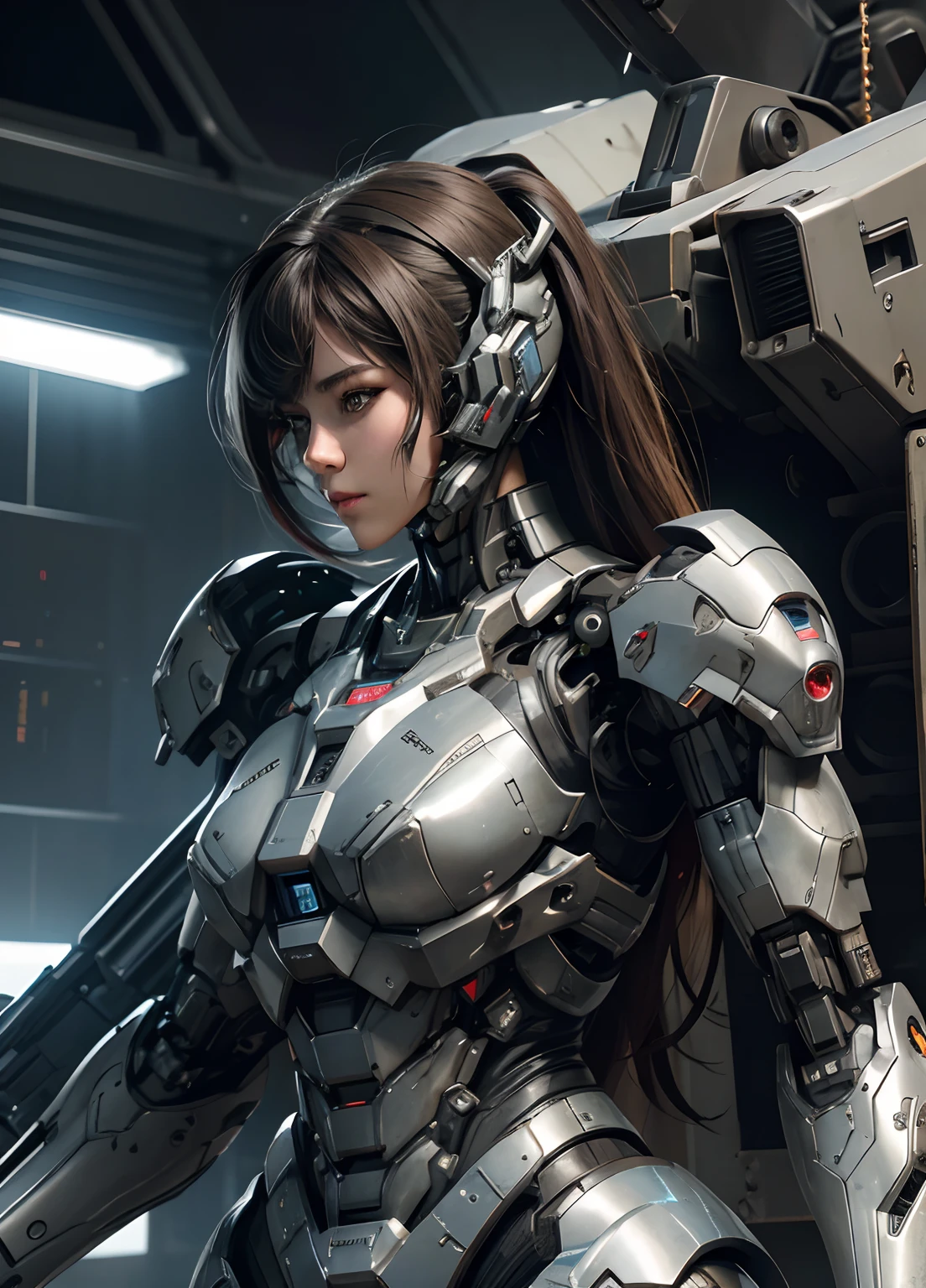 Textured skin, Super Detail, high details, High quality, Best Quality, hight resolution, 1080p, hard disk, Beautiful,(cyborgs),Boob missiles,Machine gun on the back,beautiful cyborg woman,Mecha Cyborg Girl,Battle Mode,Girl with a Mecha Body,Fulll body Shot