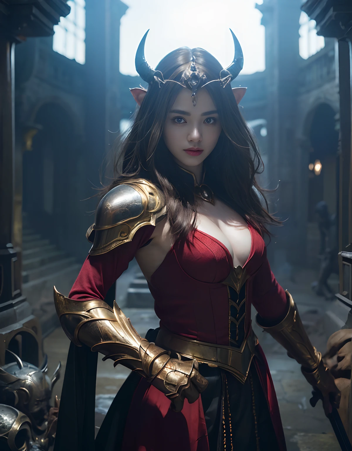 (One Knight Girl)、top-quality、masterpiece、超A high resolution、(Photorealsitic:1.4)、Raw photo、1人、(Wear the Dark Knight's Armor)、glowy skin、(Random hair),(((Dark Fantasy)))、Fight with beautiful swords and shields、(((Mystical expression))),(((Have a gorgeous and long magic wand))),(Gorgeous gold metal body)、(Fight goblins、ogre、Fierce battle with orcs),(Fighting strong enemies)、Fight fiercely、(Background of decaying dungeon ruins)、(Ultimate Beauty)、(Detailed knight's helmet)、(Fighting Demonic Beasts)、(Wizard Hat)、((super realistic details))、portlate、(Strong giant demon beast background),globalillumination、Shadow、octan render、8K、ultrasharp、Colossal tits、Raw skin is exposed in cleavage、metals、Details of complex ornaments、Japan details、highly intricate detail、Realistic light、(Mystical expression),CGSoation Trends、Red Eyes、radiant eyes、Facing the camera)、Gundam、Small LED、Toostock、(Background of the mutation)、(Attack of the Monster Beasts)、Ultimate Beauty、beautiful female knight、Wear colorful armor、Detailed sword、(Wearing legendary armor)、