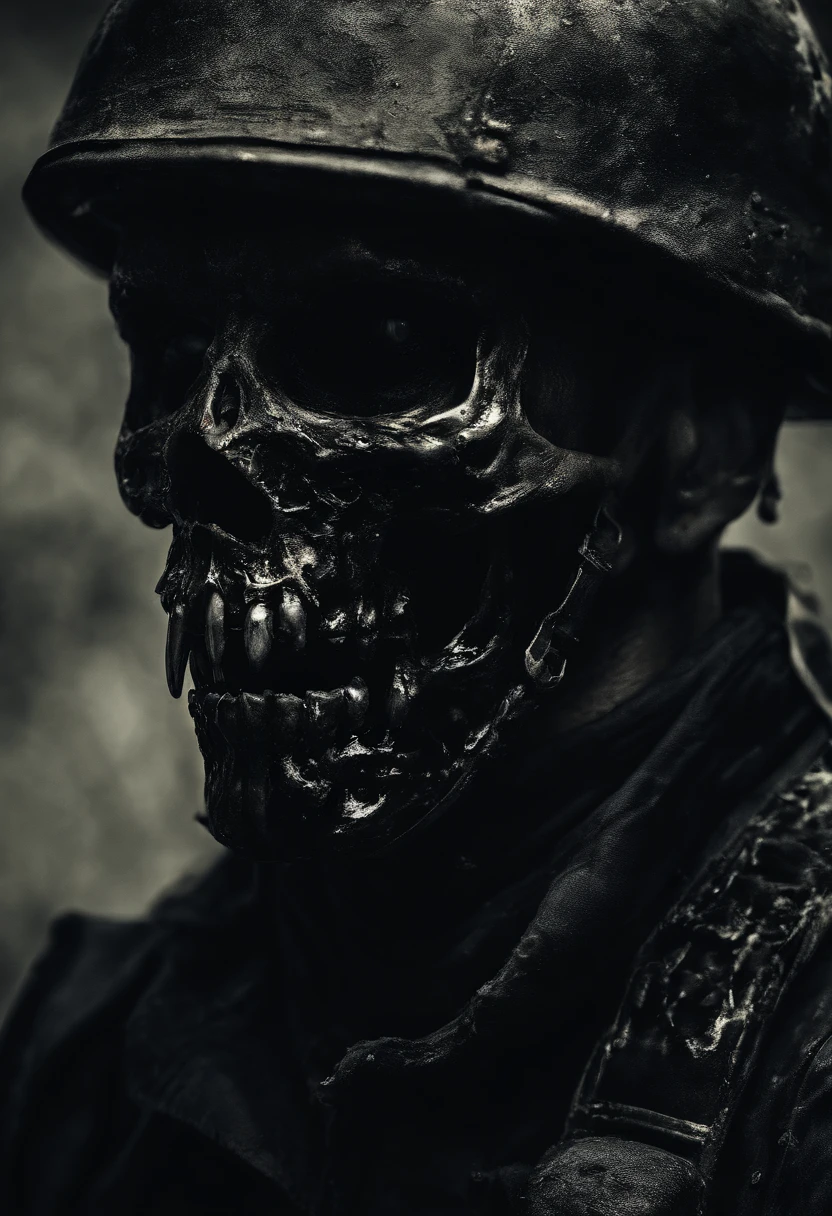 Photograph of a soldier in the armed forces, rosto de caveira, ossos com detalhes em ouro, Teeth dripping black liquid,, black liquid oozing from the eye sockets , Escuro, onímio