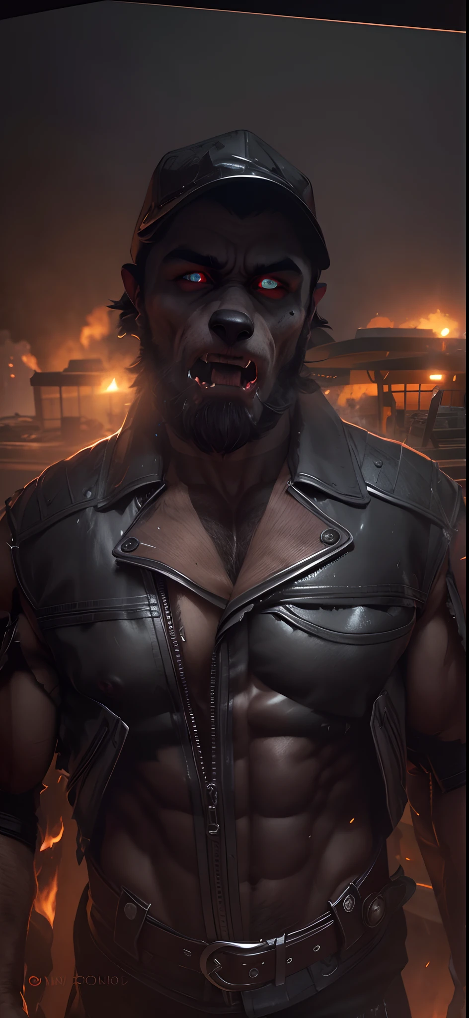 There is a man with a horned face and a belt, muscular werewolf, werecreature, a minotaur wolf, angry high moral sexy werewolf, dog - faced muscular goblin, muscular character, hyper realistic fantasy monster, musculous，Frightening, hyper-detailed fantasy character, Muscular! Cyberpunk, Portrait of a werewolf, 3 D rendering character art 8 K