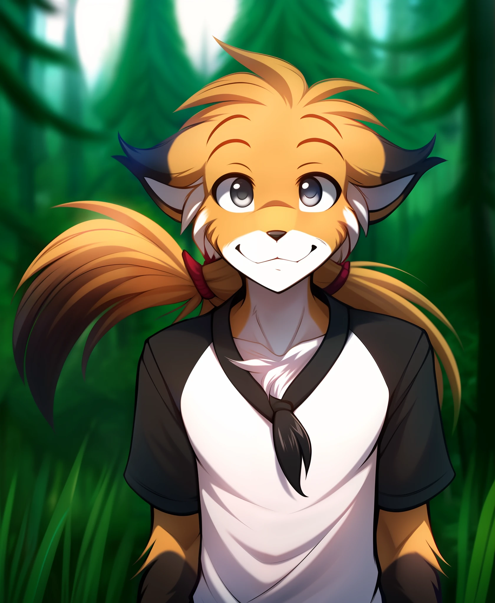 mike-twokinds, mike, twokinds, by tom_fischbach,, (best quality, masterpiece:1), solo, furry male anthro, grey eyes,long hair, ponytail, black tip yellow hair, portrait, fingers, finger claws, looking at viewer, Fox tail, (outdoors dark forest trees blurry blurred background:1.1), shirt