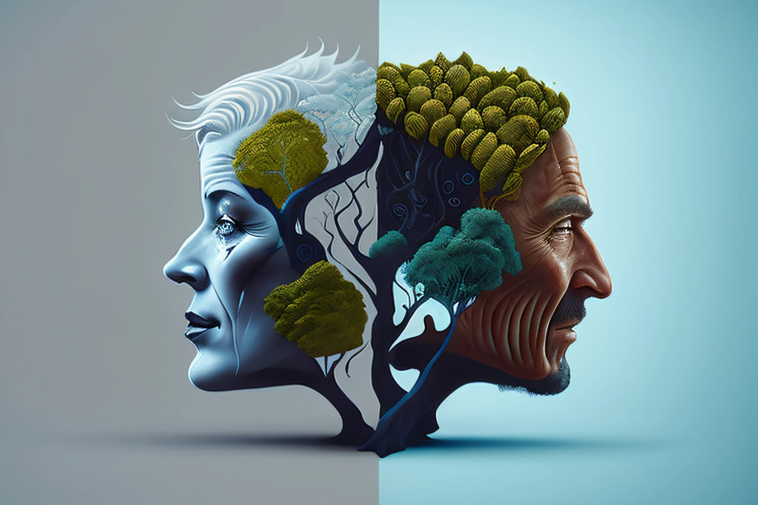 there are two images of a man and a woman with trees on their heads, alberto seveso and dan mccaw, by Justin Gerard, by Pedro Pedraja, by Roberto Parada, by Kyle Lambert, by Simon Ushakov, by Trevor Brown, sylvain sarrailh and igor morski, by Alexander Kucharsky, by Adam Paquette