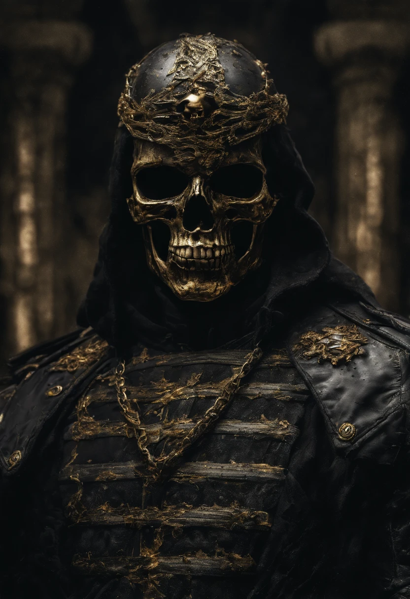 (best quality,4k,8k,highres,masterpiece:1.2),ultra-detailed,(realistic,photorealistic,photo-realistic:1.37),HDR,UHD,studio lighting,ultra-fine painting,sharp focus,physically-based rendering,extreme detail description,professional,vivid colors,bokeh,portraits
A soldier from the Armed Forces, with a skull face and bones adorned with gold details. The soldier's menacing eyes are dripping with black liquid, flowing from the eye sockets. The overall scene is dark and mysterious, with an ominous atmosphere. The soldier is captured in a close-up angle, highlighting the intricate details of the skull face. The bones are carefully crafted with ultra-detailed precision, creating a photorealistic effect. The gold details add a touch of luxury and elegance to the scene, contrasting with the dark color palette. The lighting is meticulously set up in a studio setting, creating dramatic shadows and highlights. The image is of the highest quality, with a resolution of 4k, 8k or even higher, ensuring every fine detail is captured. The final result is a masterpiece of art, resembling a portrait created by a professional artist. The colors are vivid and rich, enhancing the overall visual impact. The bokeh effect adds a dream-like quality to the image, blurring the background and emphasizing the soldier's face. This prompt is perfect for creating an artwork that combines elements of darkness, mystery, and luxury.