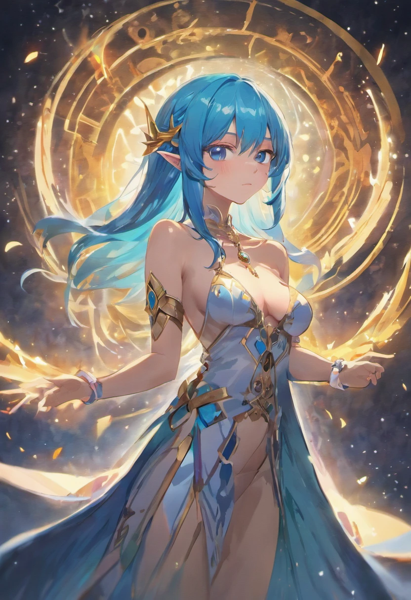 (best quality,4k,highres,masterpiece:1.2),ultra-detailed,(realistic,photorealistic,photo-realistic:1.37), female elf, long blue hair, open robes, large breasts, magical tattoo in cleavage, fancy necklace and earrings, full body, vibrant colors, ethereal lighting