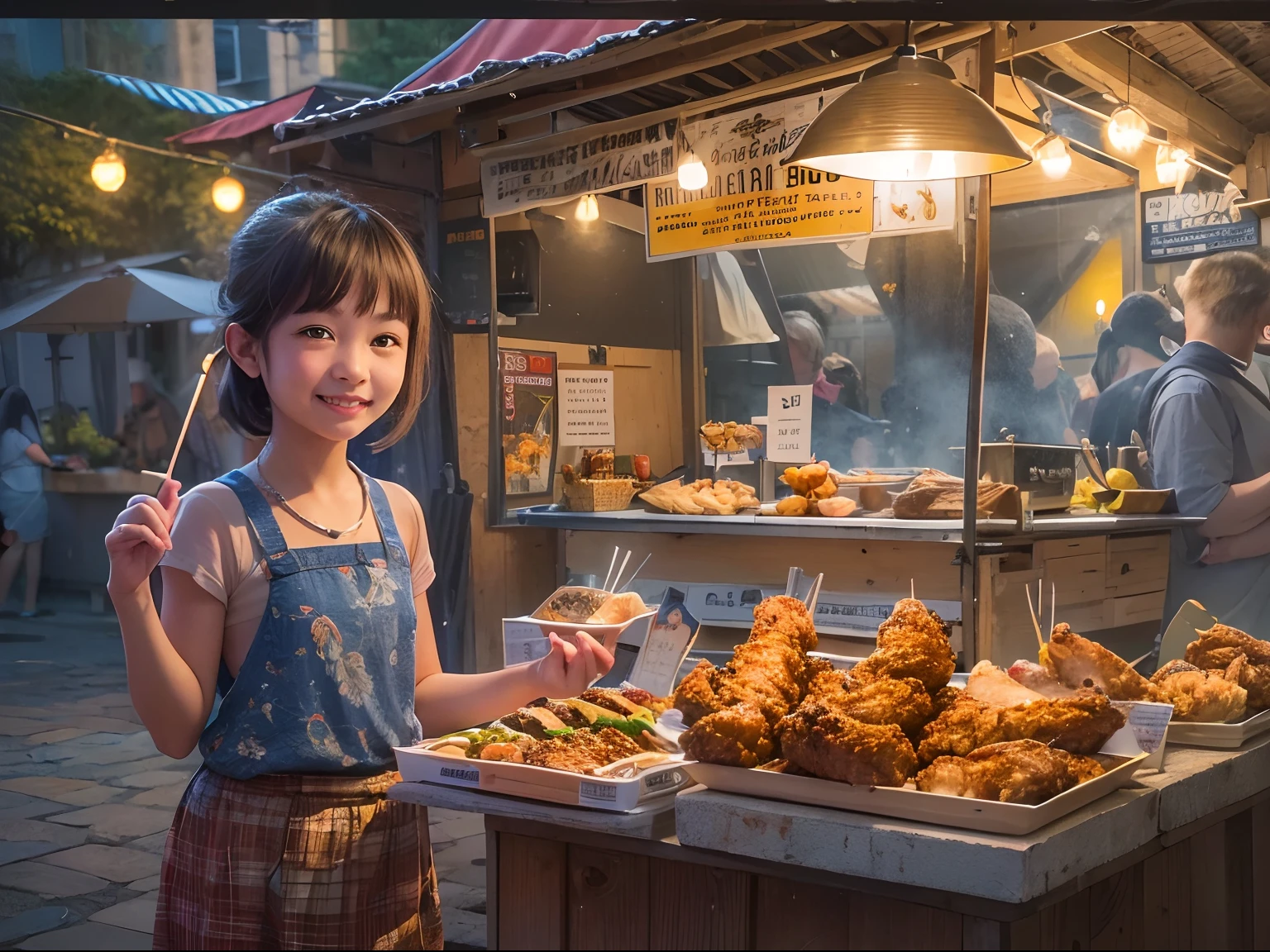 A girl, smile, At a small stall,Fried chicken wings are sold,grilling skewers,lamplight,