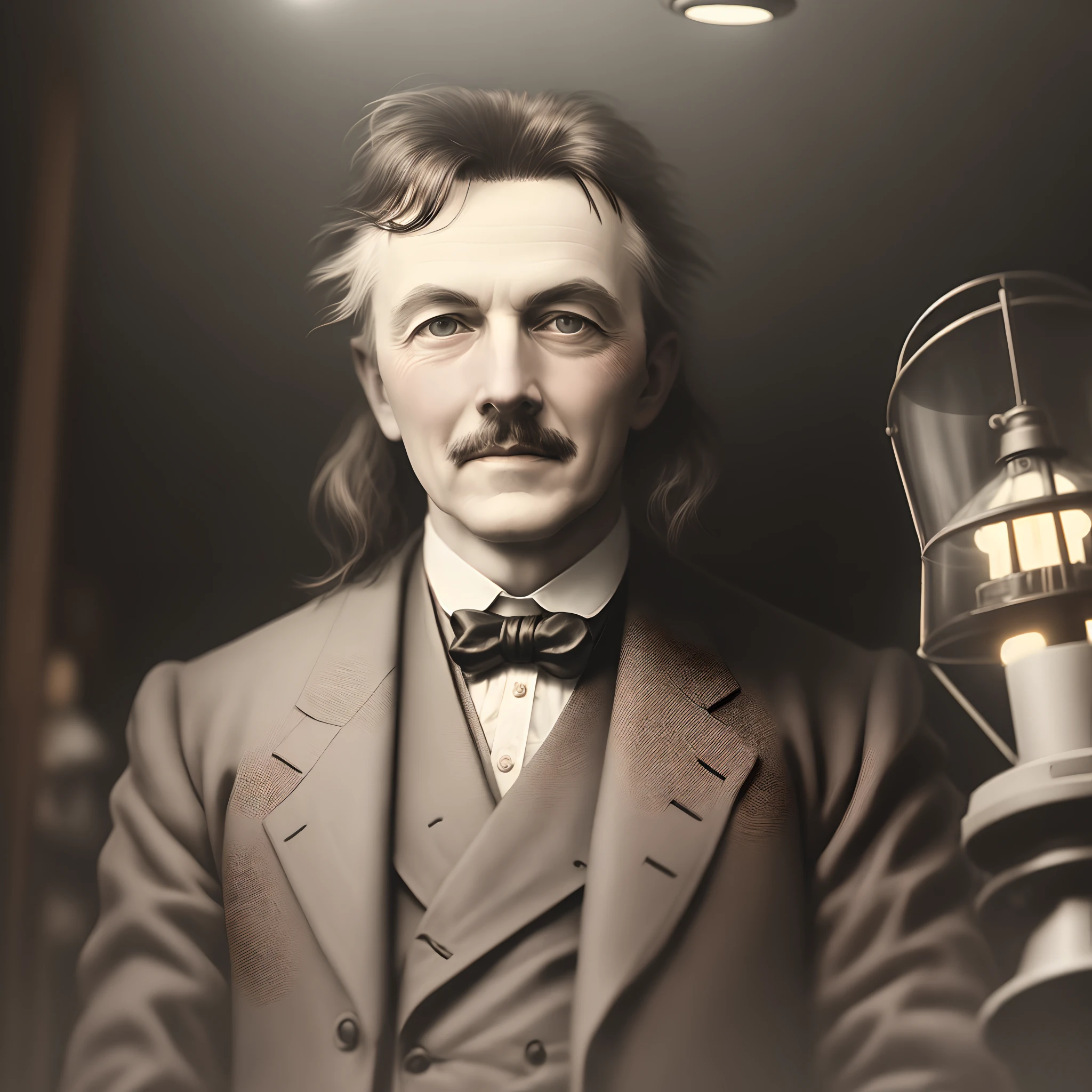Nicola Tesla foto real. Photo of Nikolas Tesla with a fluorescent lamp, y corriente alterna.