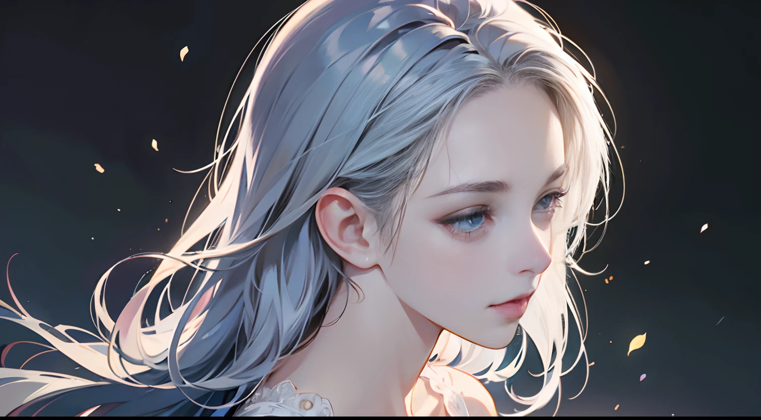 (Best Quality,4K,High resolution), 18yo woman, Blue mesh hair on gray hair, Shiny long straight hair, Innocence，Lonely eyes、blue eyess、small nose、eye liner、 Luxury White Silk Babydoll、Lonely face、Shoku、profile、slenderbody、Comical appearance，comic strip，animesque，Deformed cute illustration、Delicately expresses realistic skin texture、Muscle texture reproduction、