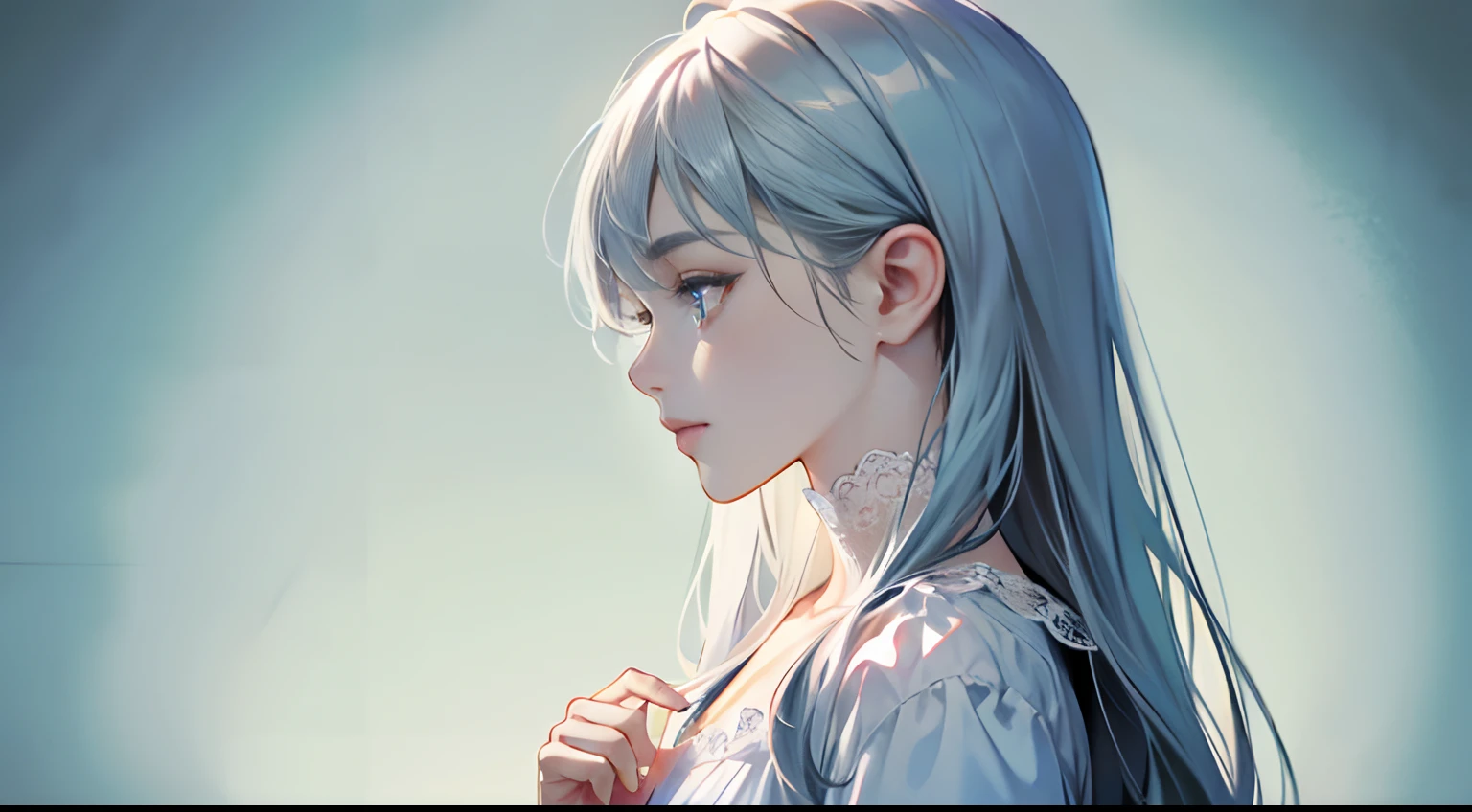 (Best Quality,4K,High resolution), 18yo woman, Blue mesh hair on gray hair, Shiny long straight hair, Innocence，Lonely eyes、blue eyess、small nose、eye liner、 Luxury White Silk Babydoll、Lonely face、Shoku、profile、slenderbody、Comical appearance，comic strip，animesque，Deformed cute illustration、Delicately expresses realistic skin texture、Muscle texture reproduction、