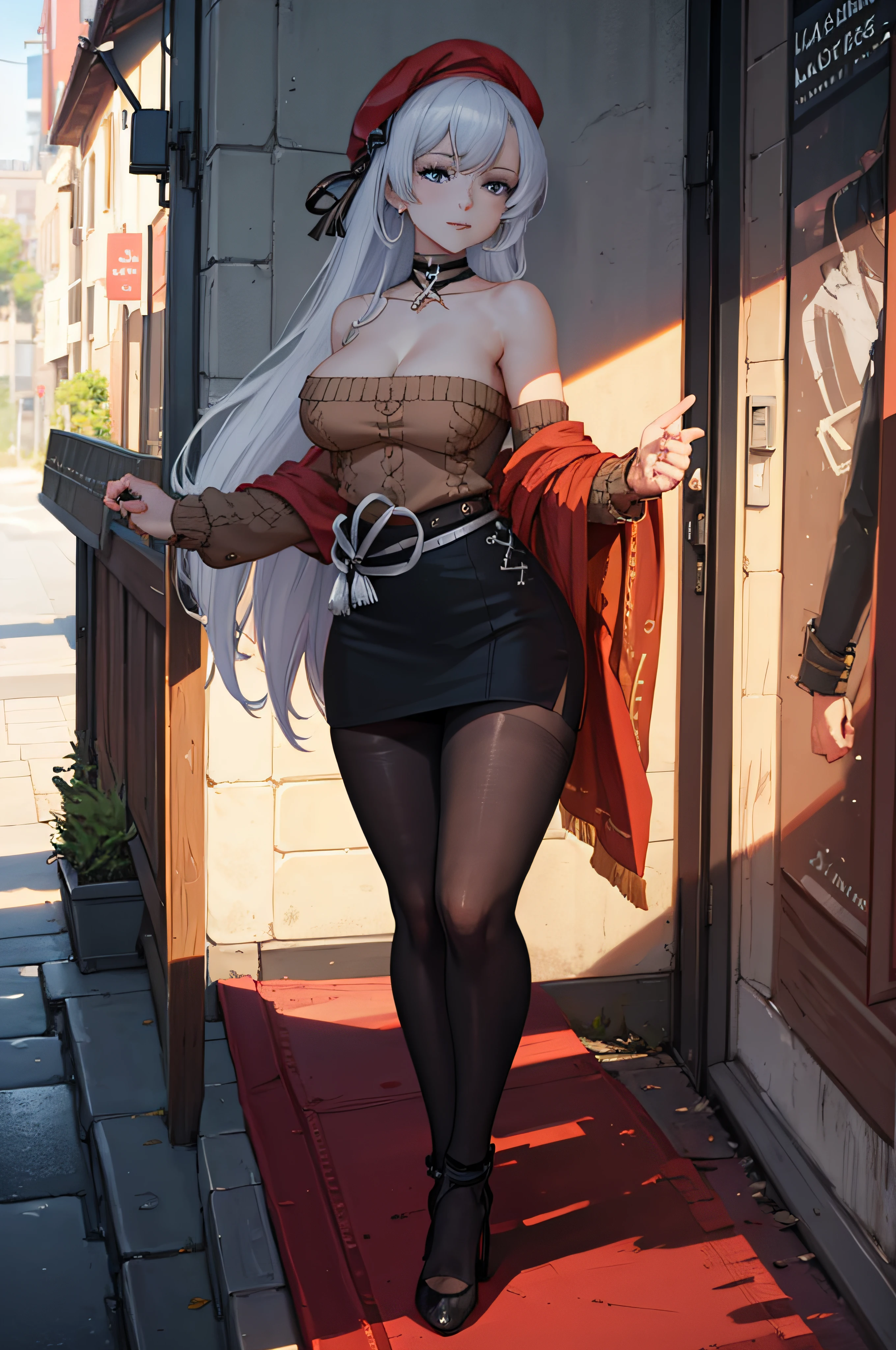 belfastpk; anime girl in black lingerie and black stockings, and black militar cap, opening her long jacket; long jacket; black and red jacket; open jacket; black lingerie; black stockings; black pantyhose; black hat; militar cap; black shoes; smile; smiling; cheerful facial expression; older females; mature women; long platinium hair; earings; thin necklace; large breasts; perfect breasts; cleavage; shaped thighs; morning light; sunlight; ethereal; looking down at viewer; seductive anime girls; seductive look; sexy pose; full body; (full body shot:1.1); beautiful detailed eyes; beautiful detailed girl; curvy:1.1; dynamic pose; perfect eyes; perfect face; perfect retina; perfect hands; perfect fingers; perfect feet; perfect toes; ultra detail face; ultra detail hair; very detailed eyes and face; ambient occlusion; cinematic lighting; field of view; fluid motion; harmony; interconnected elements; movie lighting; photorealistic lighting; realistic shadows; (vibrant colors:1.05); vivid lighting; warm and cool color palette; amazing; solo; trending on artstation pixiv; 8k wallpaper; best quality; CG; detailed painting; fine detail; (High Quality:1.4); high resolution; huge file size; illustration; Intricate Details; masterpiece; (photorealistic:1.4); professional artwork; (raw photo:1.2); reflective art; sharp focus; super detailed; unified; very detailed; extremely detailed artgerm; (nsfw) Not Safe For Work; from Azur Lane; Azur Lane Style;