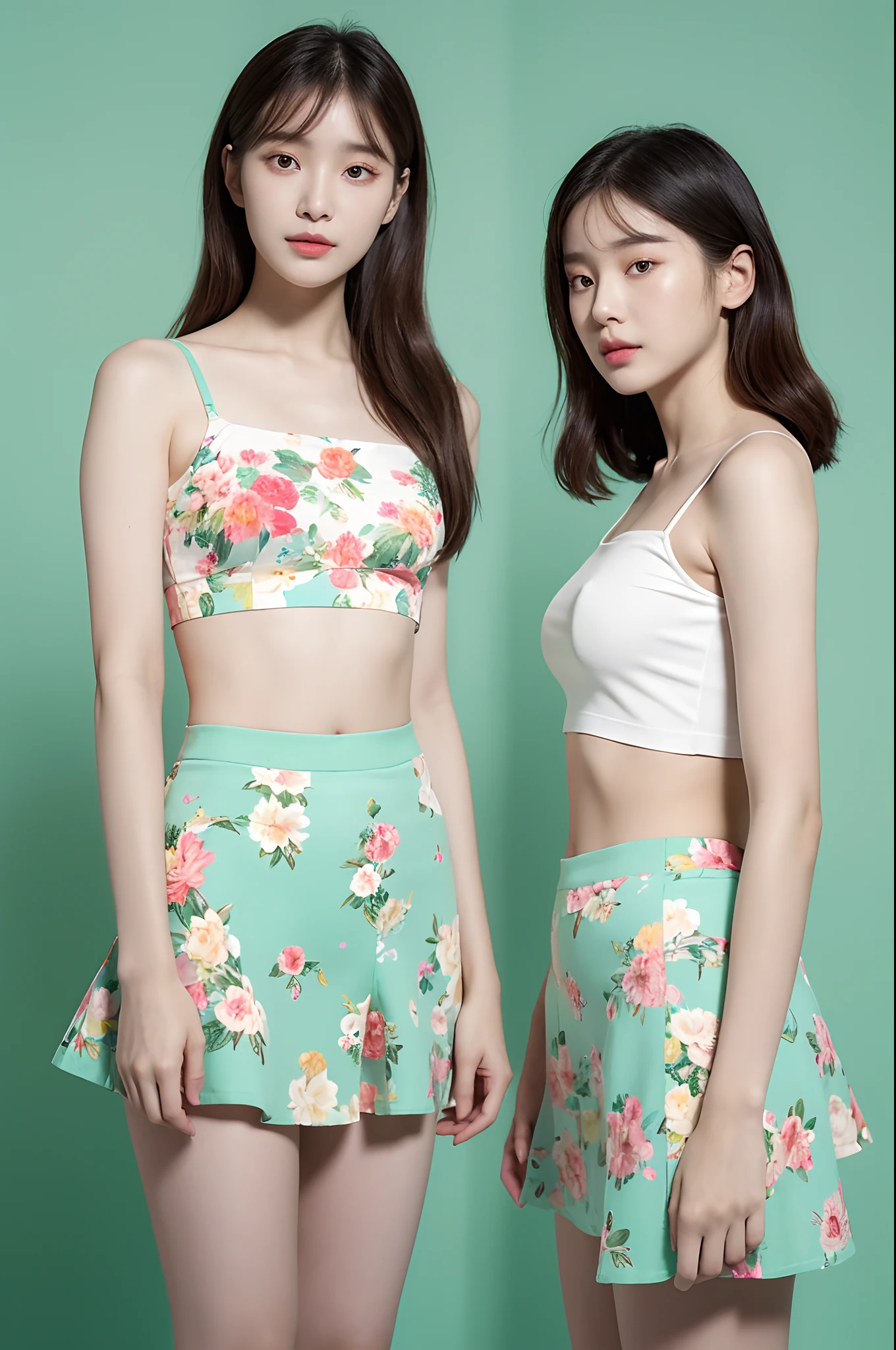 a woman in a floral crop top and mint skirt posing for a picture, croptop, crop top, bralette, wearing white camisole, bae suzy, wearing a camisole, physical : tinyest midriff ever, gorgeous young korean woman, heonhwa choe, cutecore, lulu chen, reluvy5213