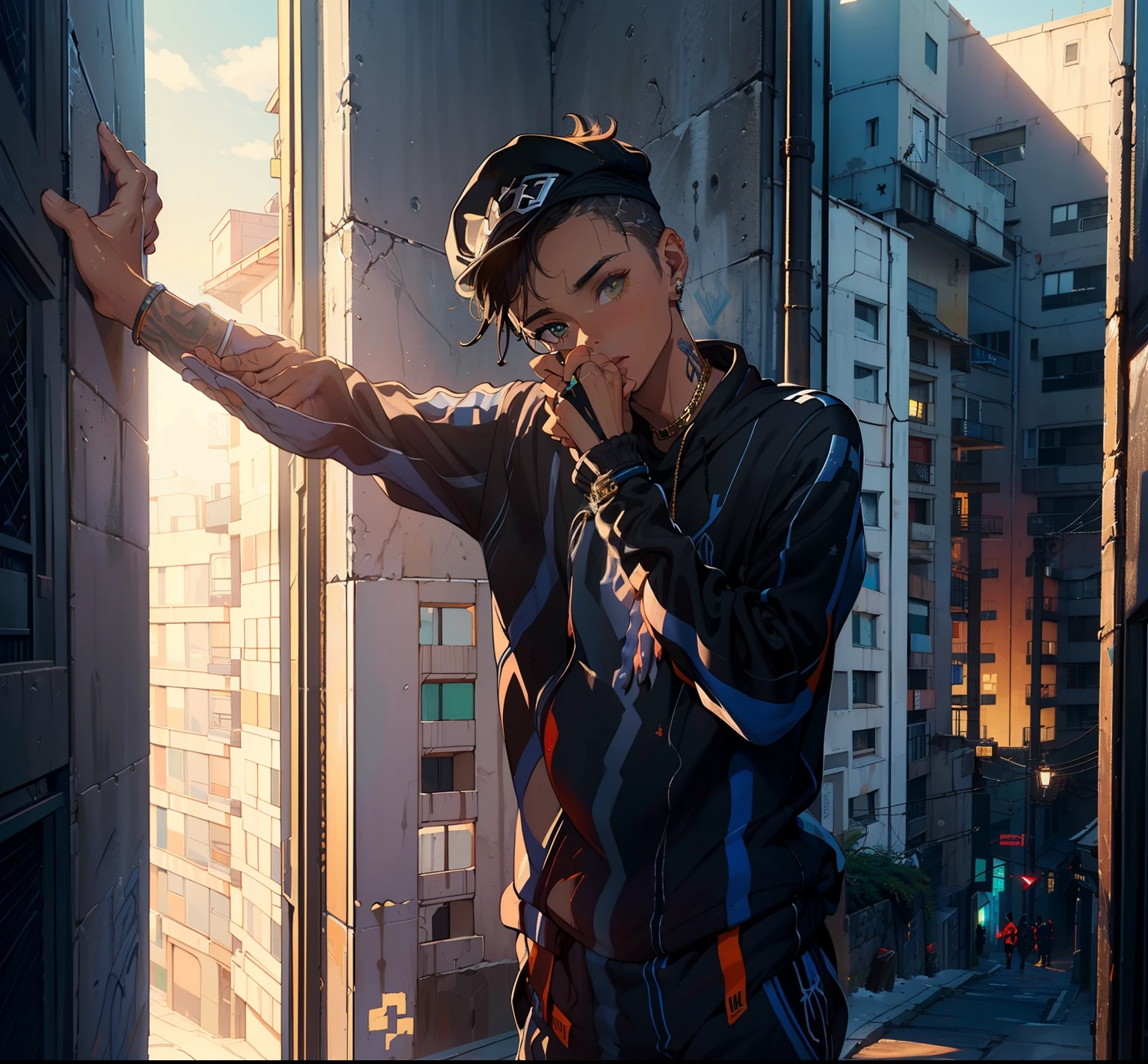 Um  em um beco dos fundos、(super detalhe)、(8k)、((Moda Hip Hop))、(muro de grafite)、(Esbian de corpo inteiro)、(face hiperdetalhada)、(detailed feets)、(Detailed hand)、(cara fria)、(sentado com os joelhos levantados)、(Put your hands on your knees)