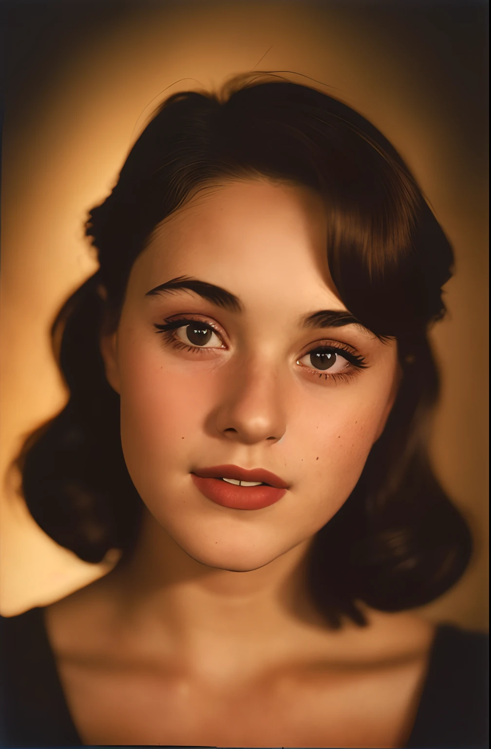 (close-up, editorial photograph of a 20 yo woman from the 1940's), (highly detailed face:1.4) (smile:0.7) (background inside dark, moody, private study:1.3) POV, by lee jeffries, nikon d850, film stock photograph ,4 kodak portra 400 ,camera f1.6 lens ,rich colors ,hyper realistic ,lifelike texture, dramatic lighting , cinestill 800,