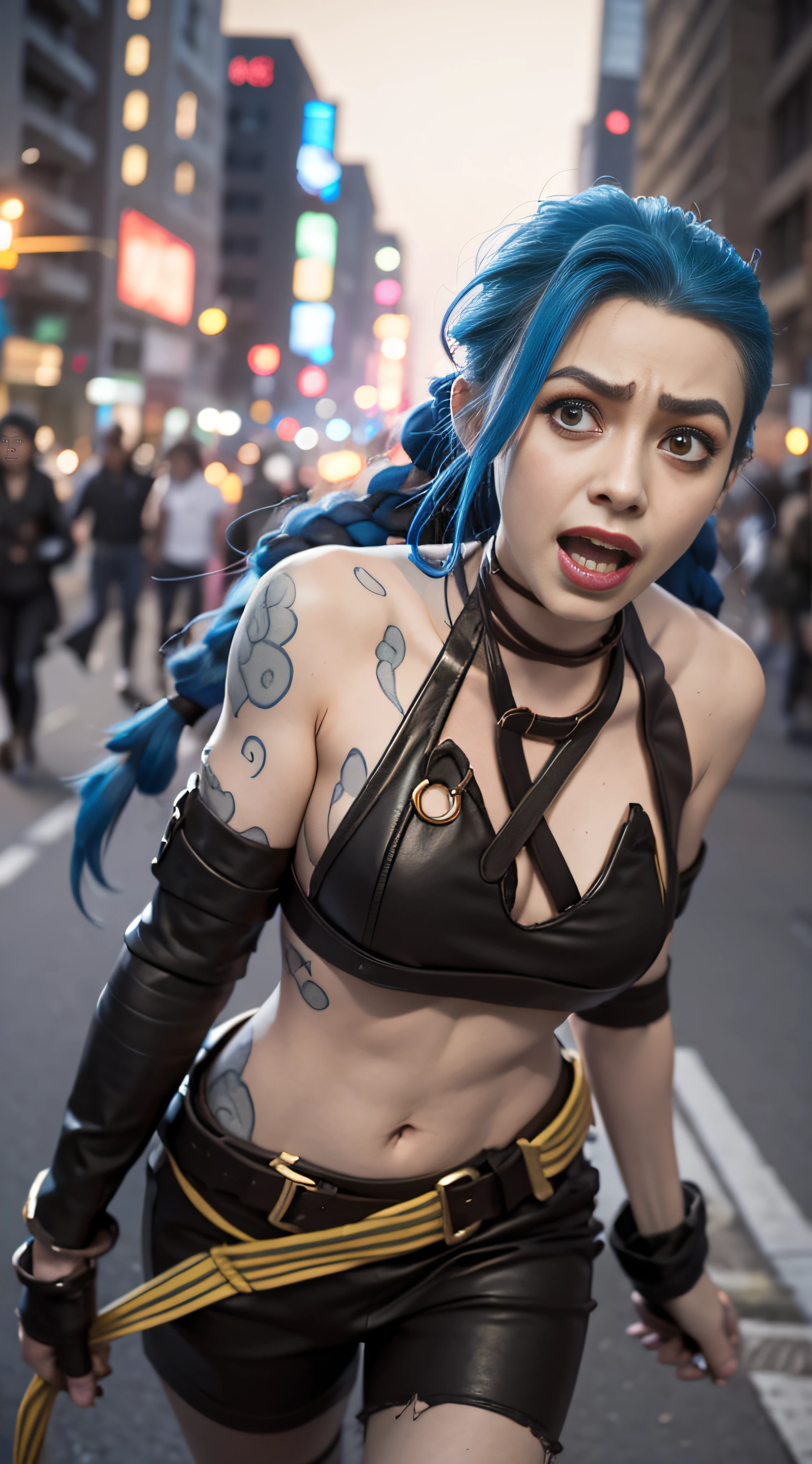 Jinx face up, Scream desperately,Tearing clothes on the road, People shoot,Panicked people were destroyed in the city, , Flames and general destruction, The darkness of the Dark Ages
