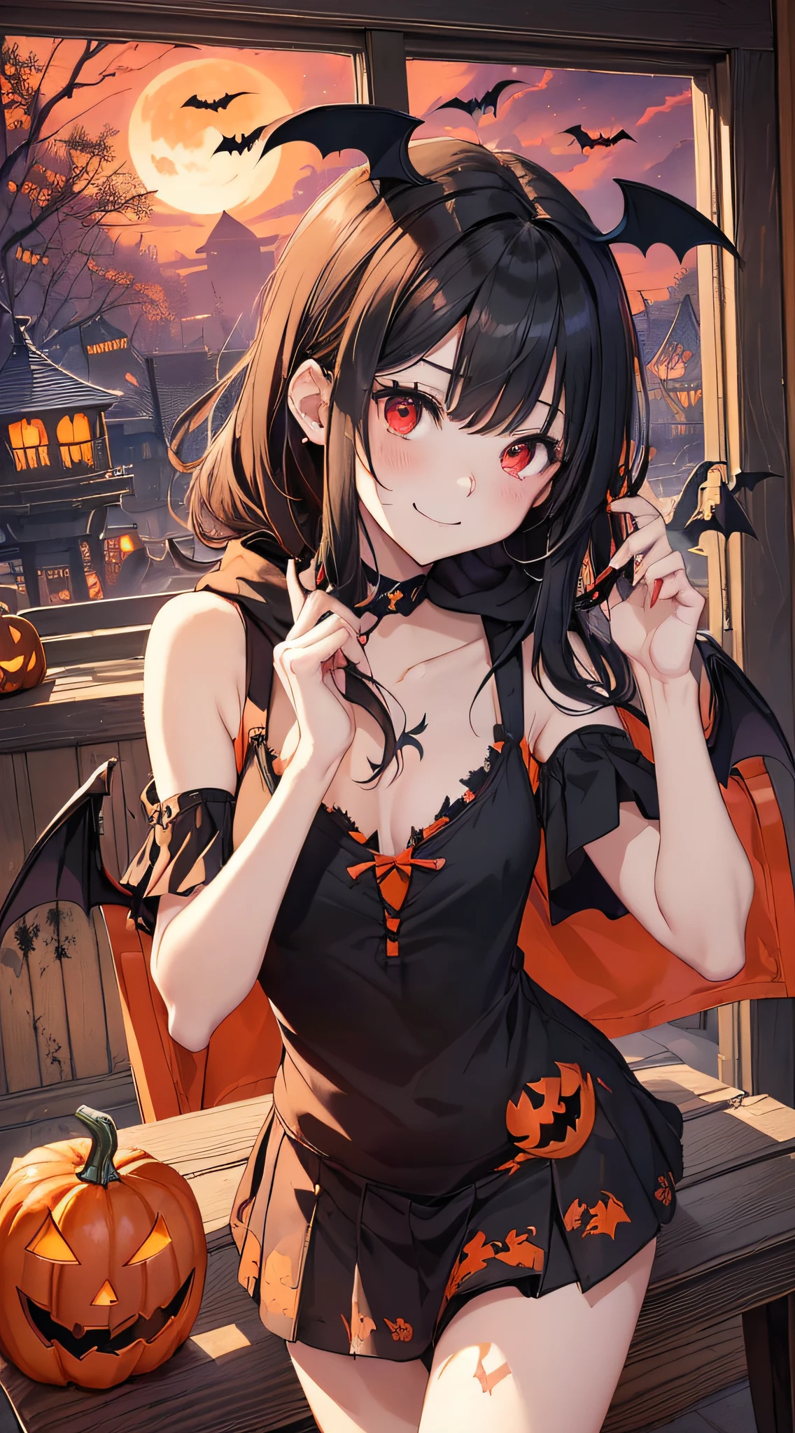 top-quality、Top image quality、masterpiece、s girl((18year old,Succubus、Black and orange tattered tank top,Tattered orange and black short skirt、Tattered orange short-sleeved hoodie、Wearing a hood,Best Bust、Bust 85、A dark-haired、Longhaire,Red Eyes、open chest wide、Valley、Happiness、A slender、Blood coating、Leaning forward、Prank、Black wings、Pampering、Emphasis on the chest、clow pose、Bats tattoo、Turning around、a smile))hiquality、Beautiful Art、Background with((window、Red sky、Halloween at night、the bats、pumpkins,Nightmare、Inside the Halloween venue、Wooden table、Wooden chair))、masutepiece、Elaborate design、visualart、Theatrical films