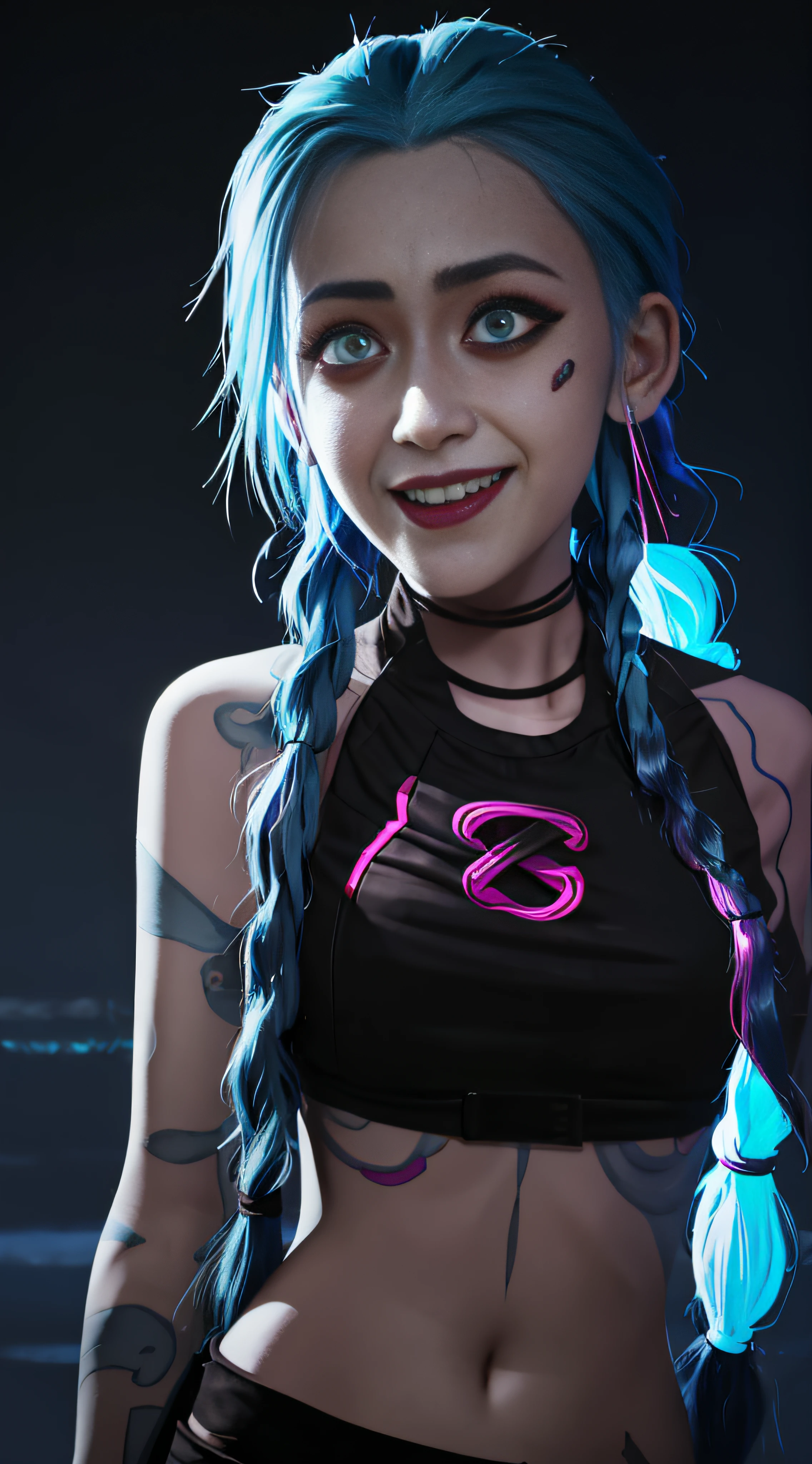 glowing, face focus, portrait, crazy, insanity, glowing pink eyes,arcane style, 1girl, arm tattoo, asymmetrical bangs, bangs, blue hair, braid, brown shirt, cloud tattoo, looking at viewer, laughing, crazy, uncontrollable laugh, mad look, night, city, green hair, long hair, midriff, pink eyes, red lips, shirt, solo, standing, tattoo, twin braids, upper body, arcane jinx, jinx \(league of legends\)