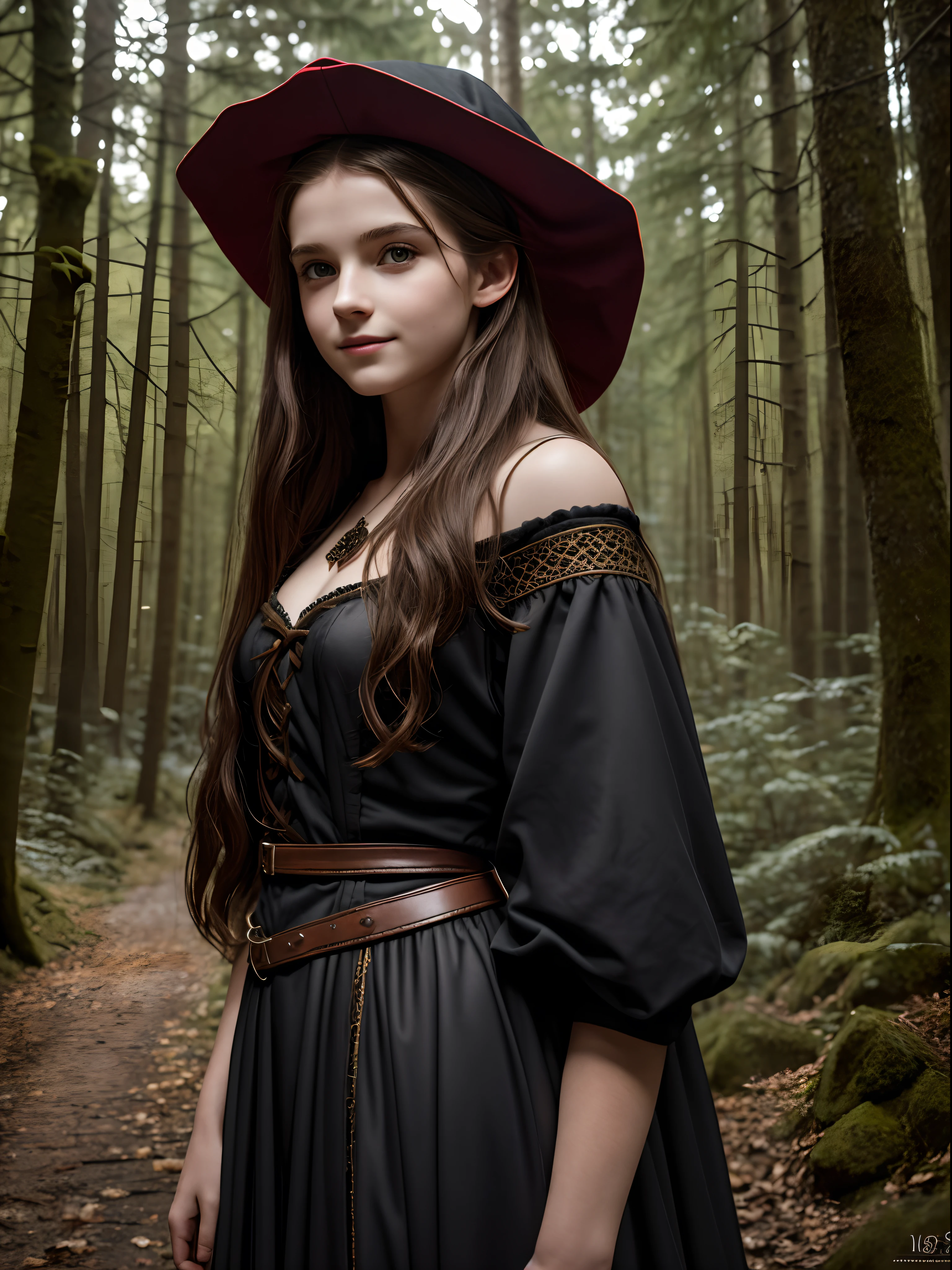 Cute 12 years old European girl, in the dark forest, big black wolf behind her, seductive look, honey hair, pale skin, detailed medieval clothing, red hat, hyper realistic, lifelike texture, dramatic lighting, backlighting, Nikon RAW photo, 8k, Fujifilm XT3, masterpiece, best quality, realistic, (photorealistic:1.4), ultra detailed, full body visible, little smile