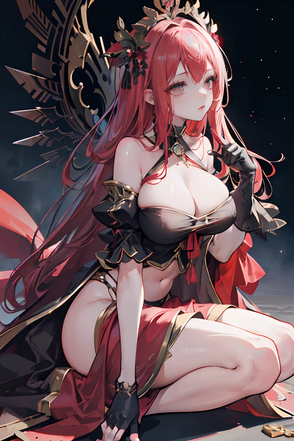((Extreme detail)),(Ultra-detailed), Extremely detailed Cg Unity 8K wallpaper, velvet, statues, Red hood, Crop top, star headdress, Puffy sleeves, Lips, looks away, Close-up, Turning Head, big breasts exposed cleavage,Full body detail 4K on black,Dreamlike,and its detailed completeness .