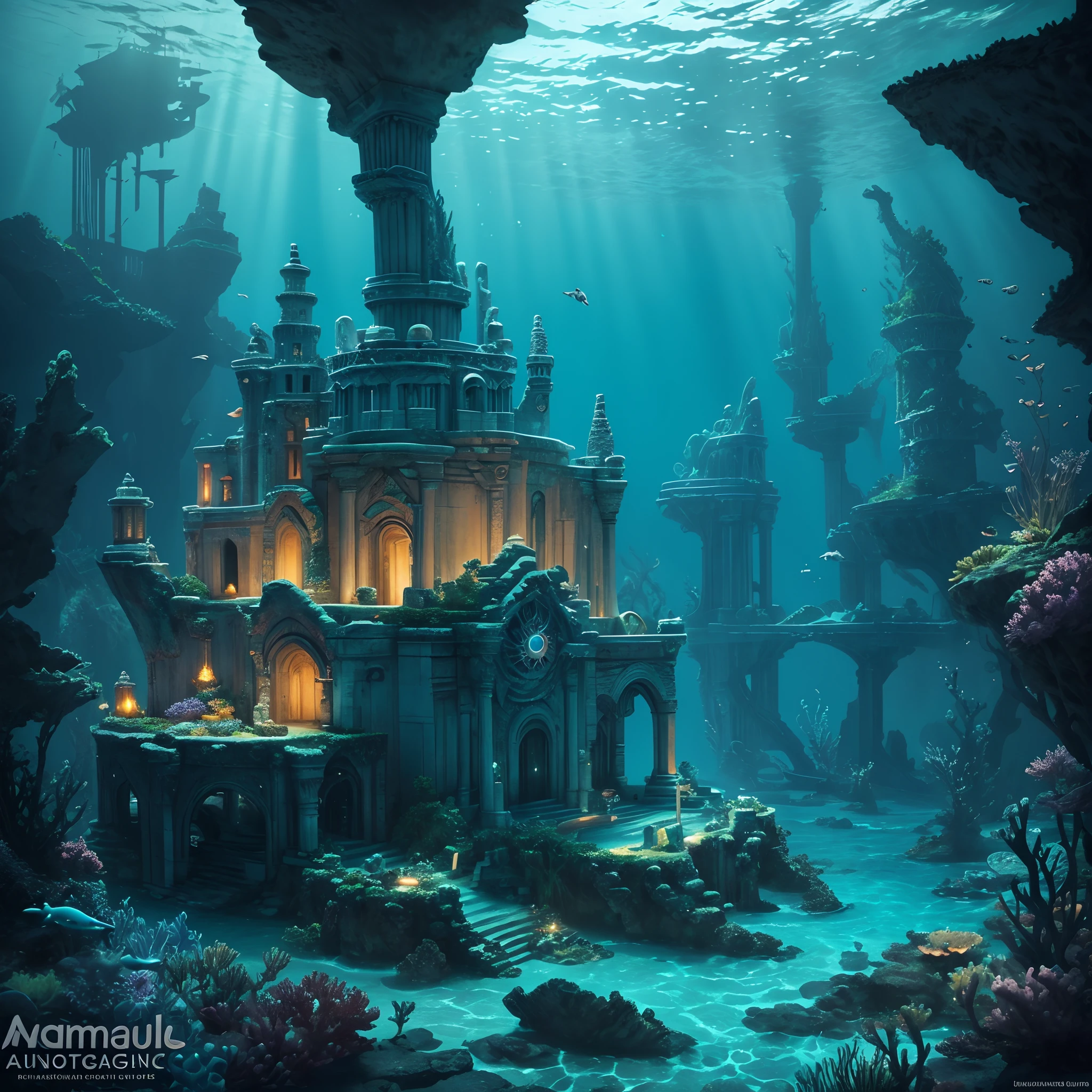 underwater city, ancient ruins, mystical creatures, ethereal atmosphere, shimmering light, submerged architecture, breathtaking coral reefs, hidden treasures, forgotten civilization, magical artifacts, mermaids swimming gracefully, bioluminescent organisms, tranquil underwater gardens, majestic seahorses, vibrant marine life, sunken ships and statues, mysterious underwater tunnels, ancient temples filled with secrets, mesmerizing underwater landscapes, peaceful serenity, depths of the ocean, hidden wonders. 

(best quality, 4k, highres, masterpiece:1.2), ultra-detailed, (realistic, photorealistic:1.37), HDR, vivid colors, aquatic art, fantasy art, dreamlike, enchanting, surreal, marine-themed, ancient civilization, architectural beauty, mystical realms, hauntingly beautiful, deep-sea adventure.