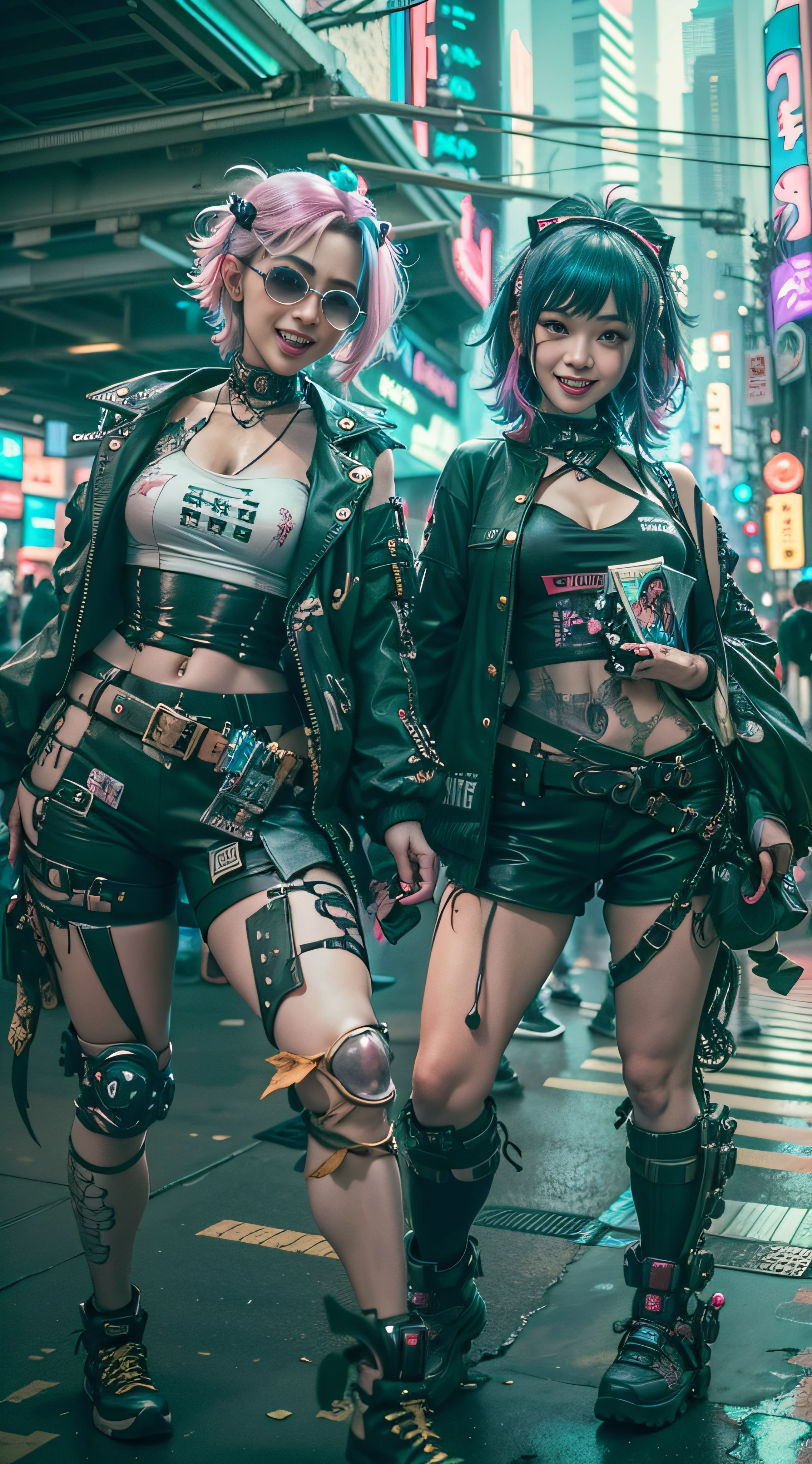 ((2 cyberpunk girls wearing Harajuku Tech costumes), (fisheyelens), self-shot, Cowboy shot, Wind, Messy hair, cyberpunk city landscape, (Aesthetics and atmosphere:1.2),Smiling, Laughing