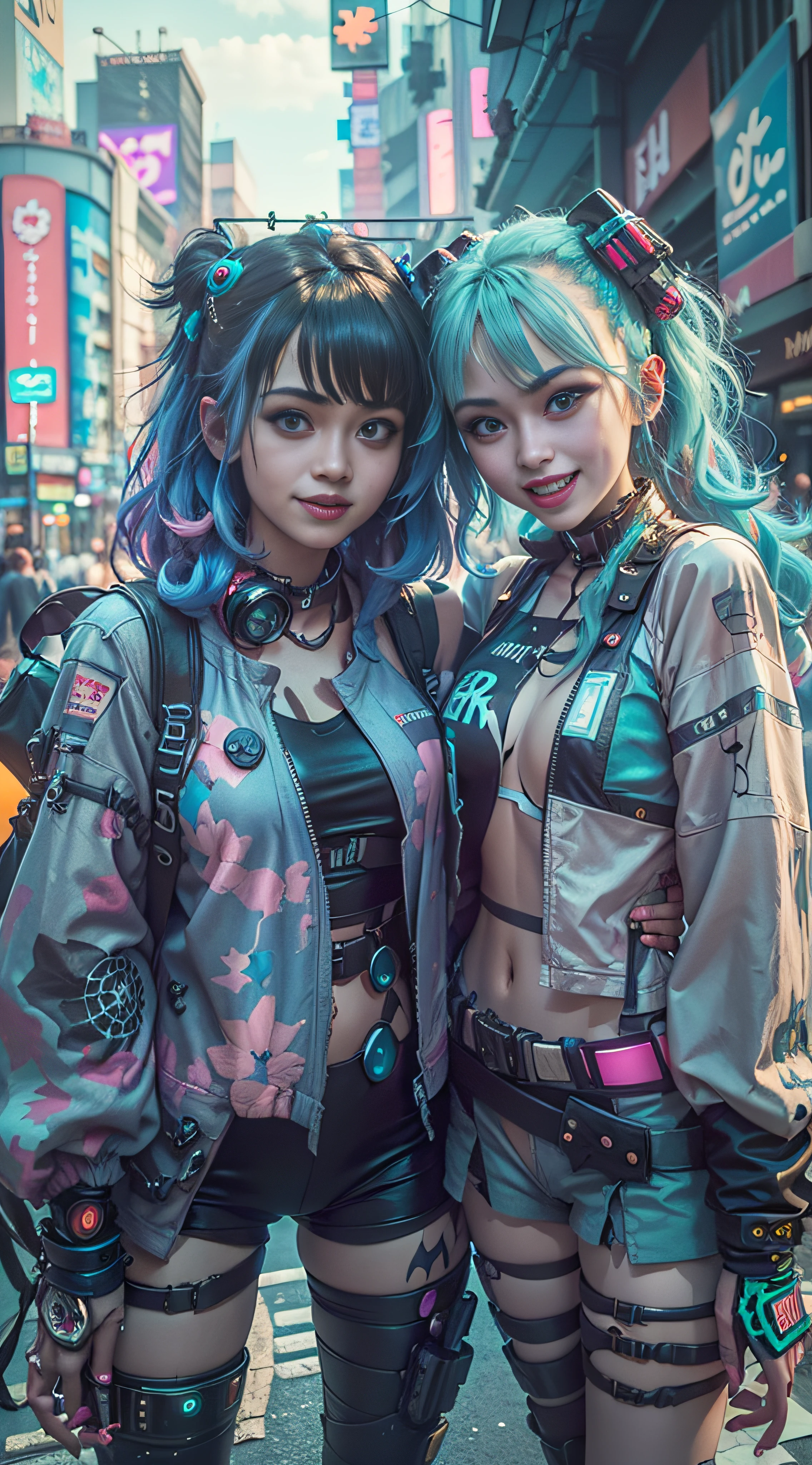 ((2 cyberpunk girls wearing Harajuku Tech costumes), (fisheyelens), self-shot, Cowboy shot, Wind, Messy hair, cyberpunk city landscape, (Aesthetics and atmosphere:1.2),Smiling, Laughing