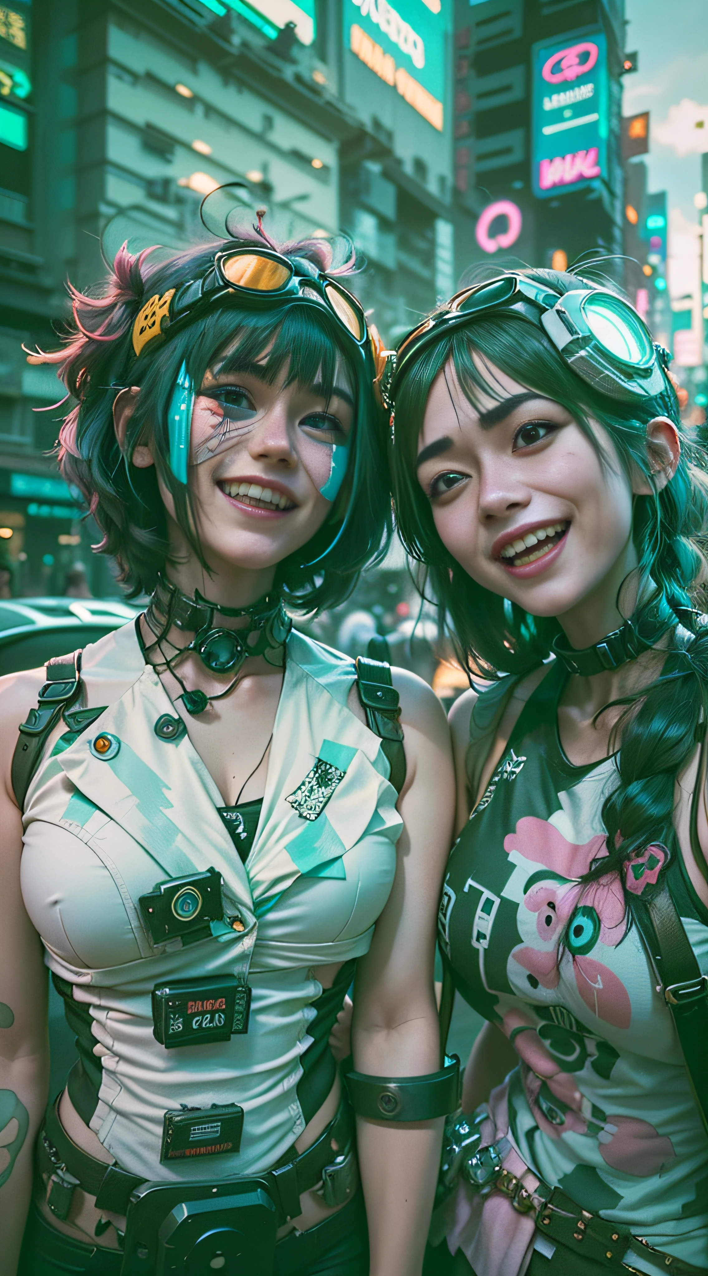 ((2 cyberpunk girls wearing Harajuku Tech costumes), (fisheyelens), self-shot, Cowboy shot, Wind, Messy hair, cyberpunk city landscape, (Aesthetics and atmosphere:1.2),Smiling, Laughing