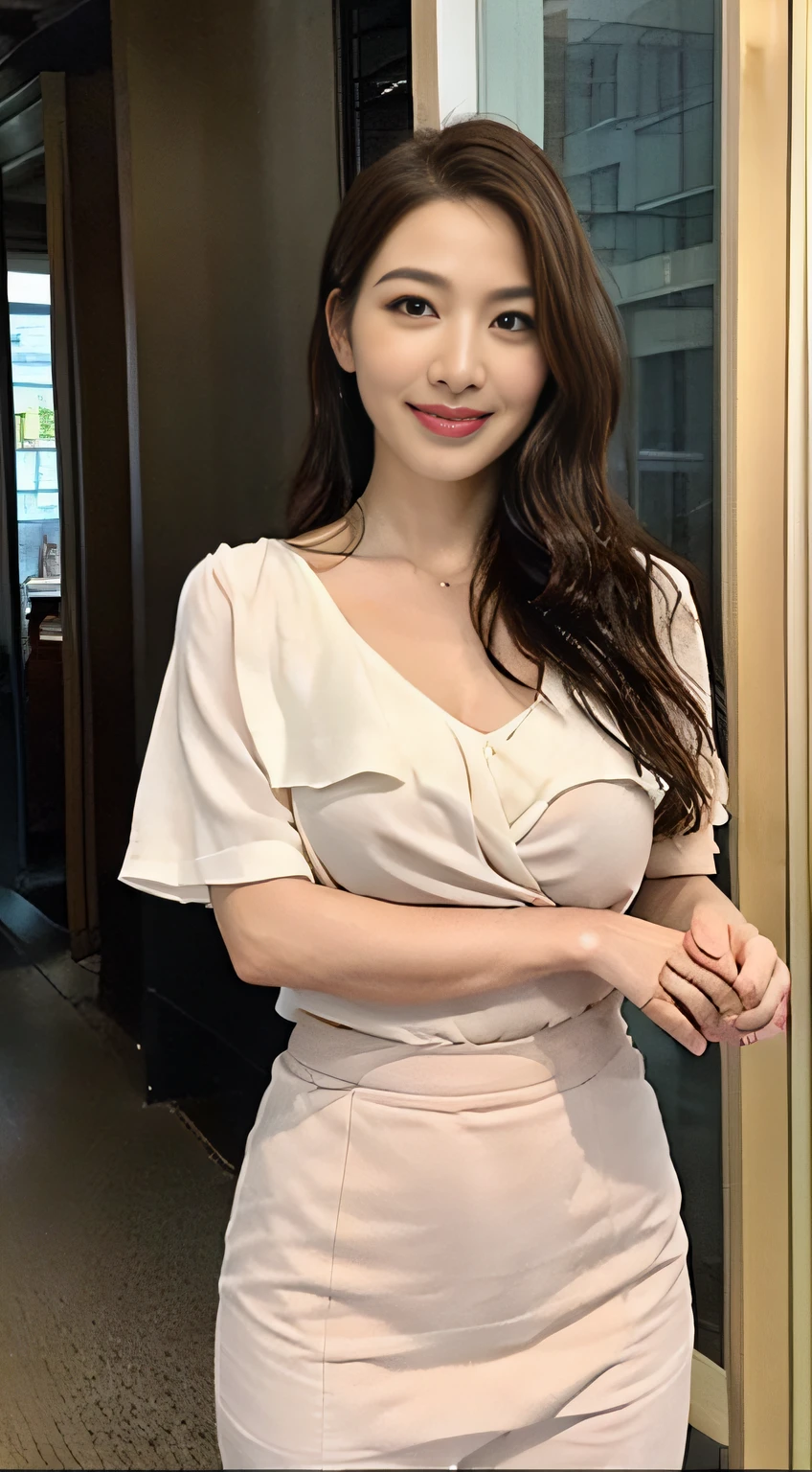 ((中景 the scene is、Two-thirds of the body standing))top-quality、tmasterpiece、超A high resolution、(Photorealsitic:1.4)、A Japanese lady、48-year-old woman,ssmile,Wavy brunette hair、Silk、Long flared skirt(huge boob:1.4)、standing on your feet:1.2,Lively streets,Get wet,Slightly chubby body:1.2,Straight body,Slightly chubby face:1.2,Wrinkles at the corners of the eyes,There are wrinkles at the corners of the mouth,perfect bodies,