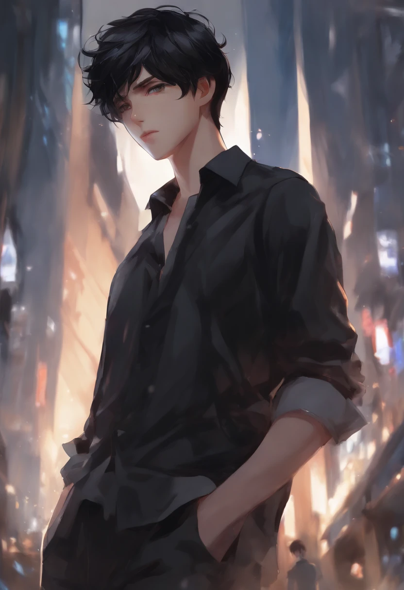 black hair, anime style, character chart, first-person view, Anime boy with UHD black hair and black shirt, young anime man, anime moe art style, Anime Boy, Smooth Anime CG Art, Male anime style, artwork in the style of guweiz, A cute boy,rainbows,Anime portrait of a handsome man, digital anime illustration, Short anime guy with blue eyes, male anime characters, boy has short black hair。BL。