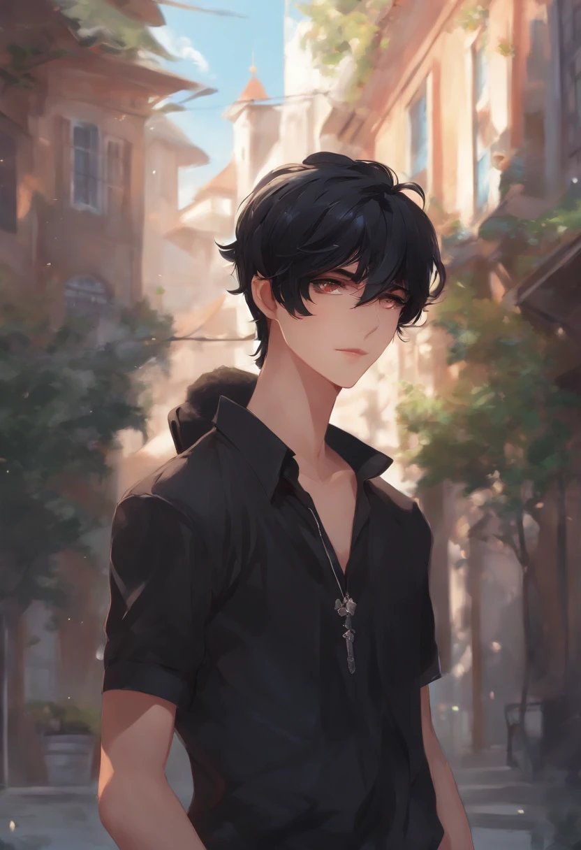 black hair, anime style, character chart, first-person view, Anime boy with UHD black hair and black shirt, young anime man, anime moe art style, Anime Boy, Smooth Anime CG Art, Male anime style, artwork in the style of guweiz, A cute boy,rainbows,Anime portrait of a handsome man, digital anime illustration, Short anime guy with blue eyes, male anime characters, boy has short black hair。BL。