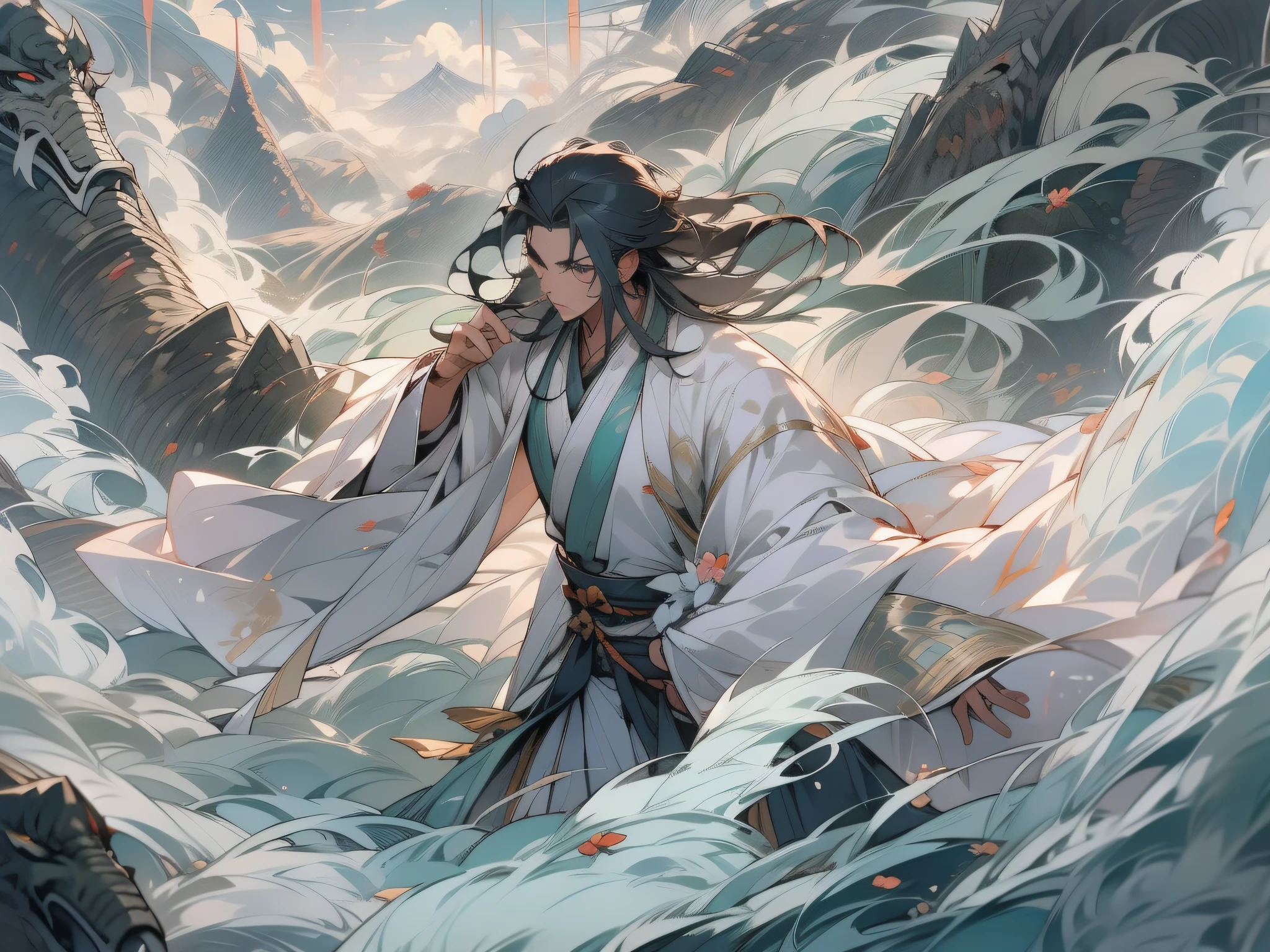 Flying Fairy,Back shadow,Green water and green mountains,Royal Sword Flight,long hair flowing,surrounded by cloud,Taoist robes and white clothes,ember,Antique handsome guy
