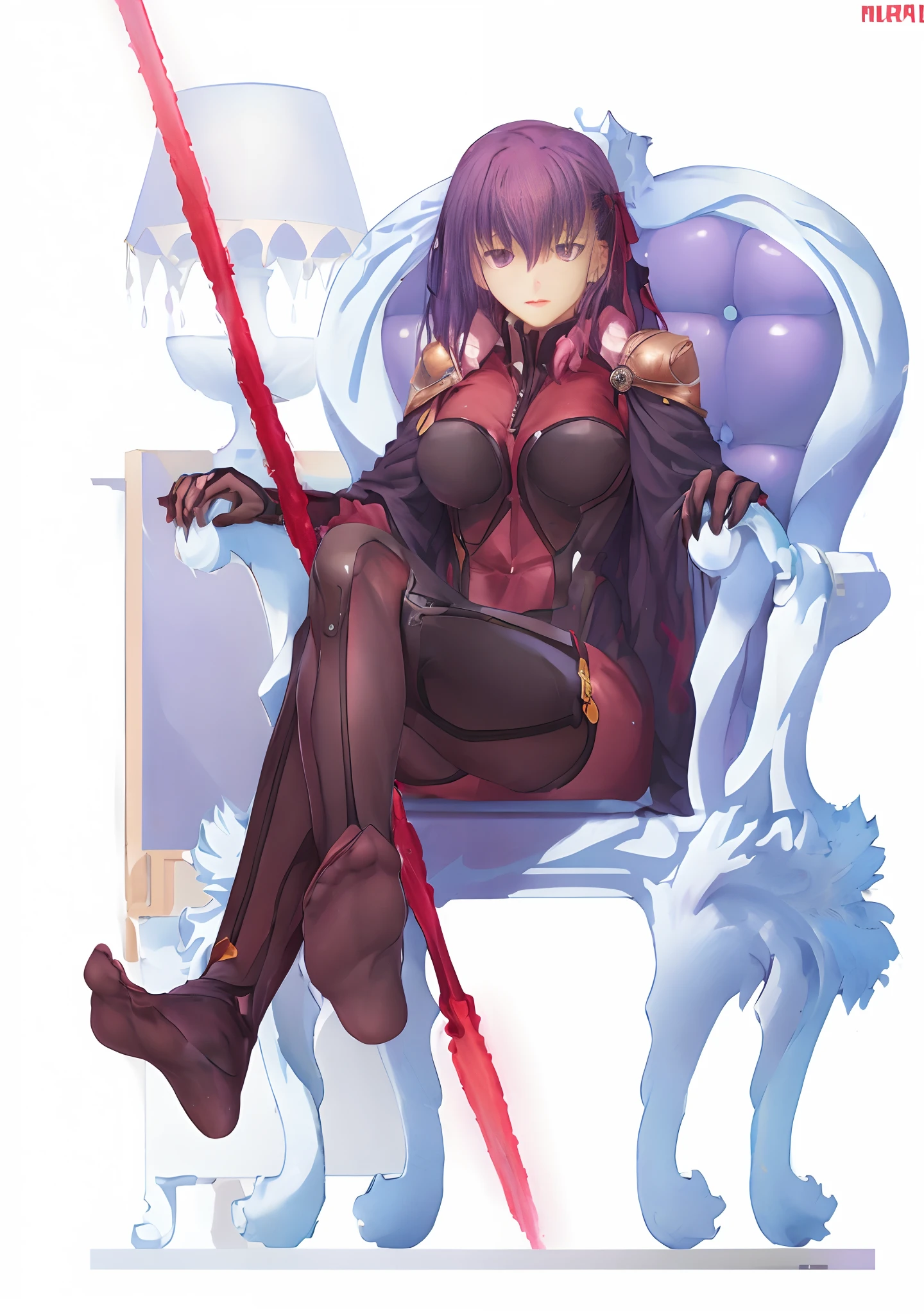 ((Sakura Matou)), anime girl sitting on a chair, purple hair, feet, best quality, high quality, 8k, high-tech suit