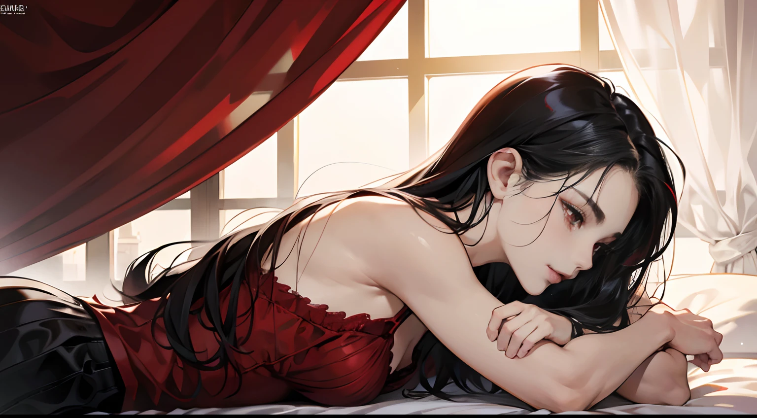 (Best Quality,4K,High resolution), 18yo woman, Red mesh hair on black hair, Shiny long straight hair, Innocence,sharp eye、red eyes、small nose、eye liner、 Luxury Crimson Silk Babydoll、Lonely face、Shoku、profile、slenderbody、Comical appearance,comic strip,animesque,Deformed cute illustration、Delicately expresses realistic skin texture、Muscle texture reproduction、