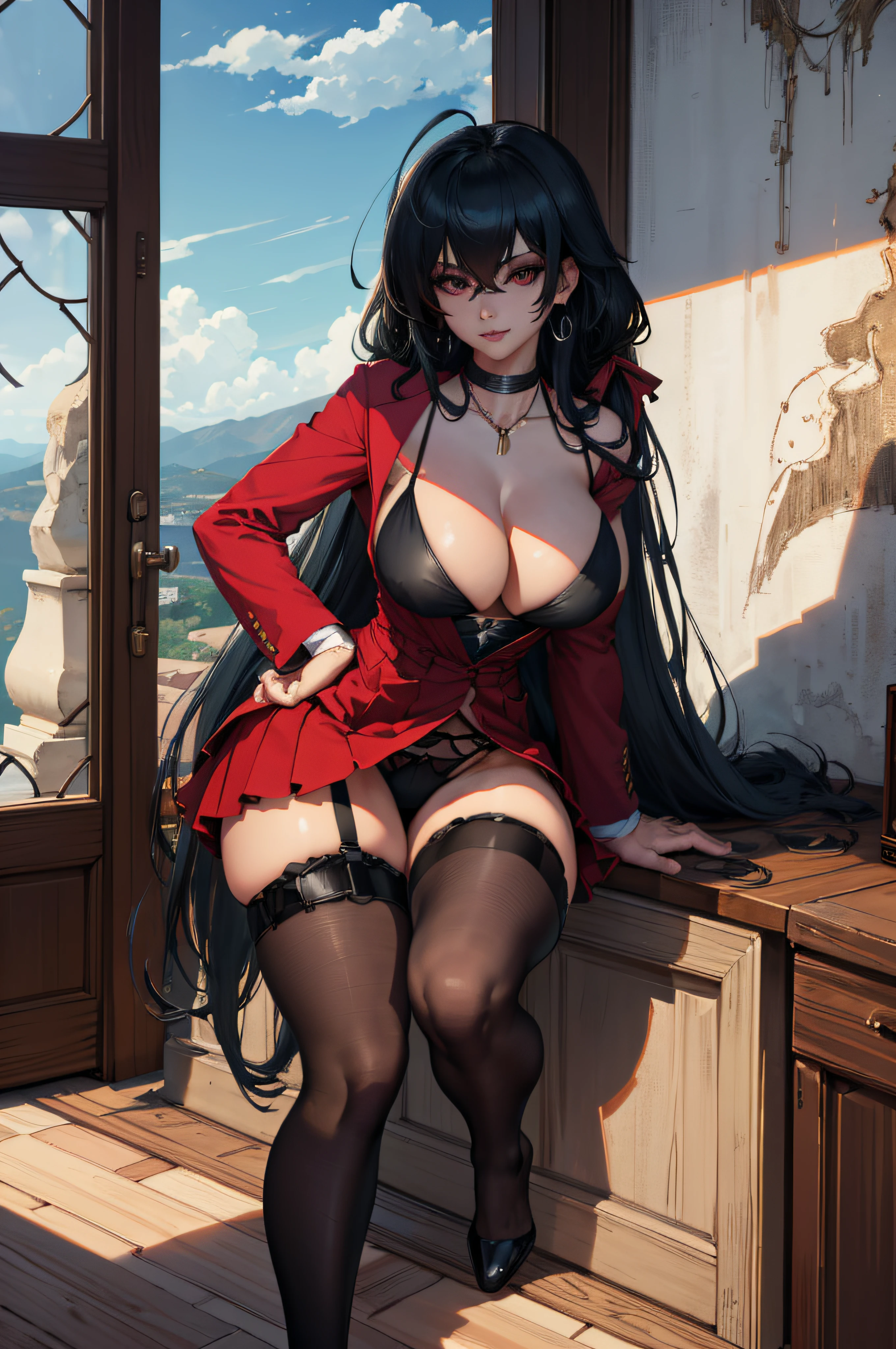 taihousweet; anime girl in black lingerie and black stockings, and black militar cap, opening her long jacket; long jacket; black and red jacket; open jacket; black lingerie; black stockings; black pantyhose; black hat; militar cap; black shoes; smile; smiling; cheerful facial expression; older females; mature women; long platinium hair; earings; thin necklace; large breasts; perfect breasts; cleavage; shaped thighs; morning light; sunlight; ethereal; looking down at viewer; seductive anime girls; seductive look; sexy pose; full body; (full body shot:1.1); beautiful detailed eyes; beautiful detailed girl; curvy:1.1; dynamic pose; perfect eyes; perfect face; perfect retina; perfect hands; perfect fingers; perfect feet; perfect toes; ultra detail face; ultra detail hair; very detailed eyes and face; ambient occlusion; cinematic lighting; field of view; fluid motion; harmony; interconnected elements; movie lighting; photorealistic lighting; realistic shadows; (vibrant colors:1.05); vivid lighting; warm and cool color palette; amazing; solo; trending on artstation pixiv; 8k wallpaper; best quality; CG; detailed painting; fine detail; (High Quality:1.4); high resolution; huge file size; illustration; Intricate Details; masterpiece; (photorealistic:1.4); professional artwork; (raw photo:1.2); reflective art; sharp focus; super detailed; unified; very detailed; extremely detailed artgerm; (nsfw) Not Safe For Work; from Azur Lane; Azur Lane Style;