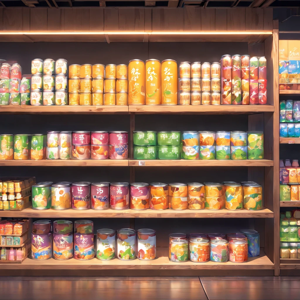 Canned products in the foreground are placed on wooden shelves, Inside the Black Wall store, Square poster with empty space