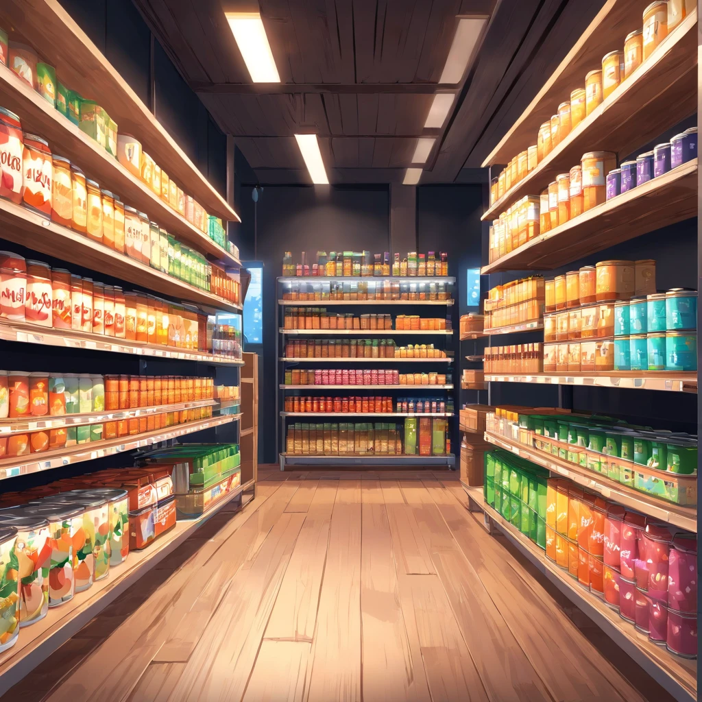 Canned products in the foreground are placed on wooden shelves, Inside the Black Wall store, Square poster with empty space