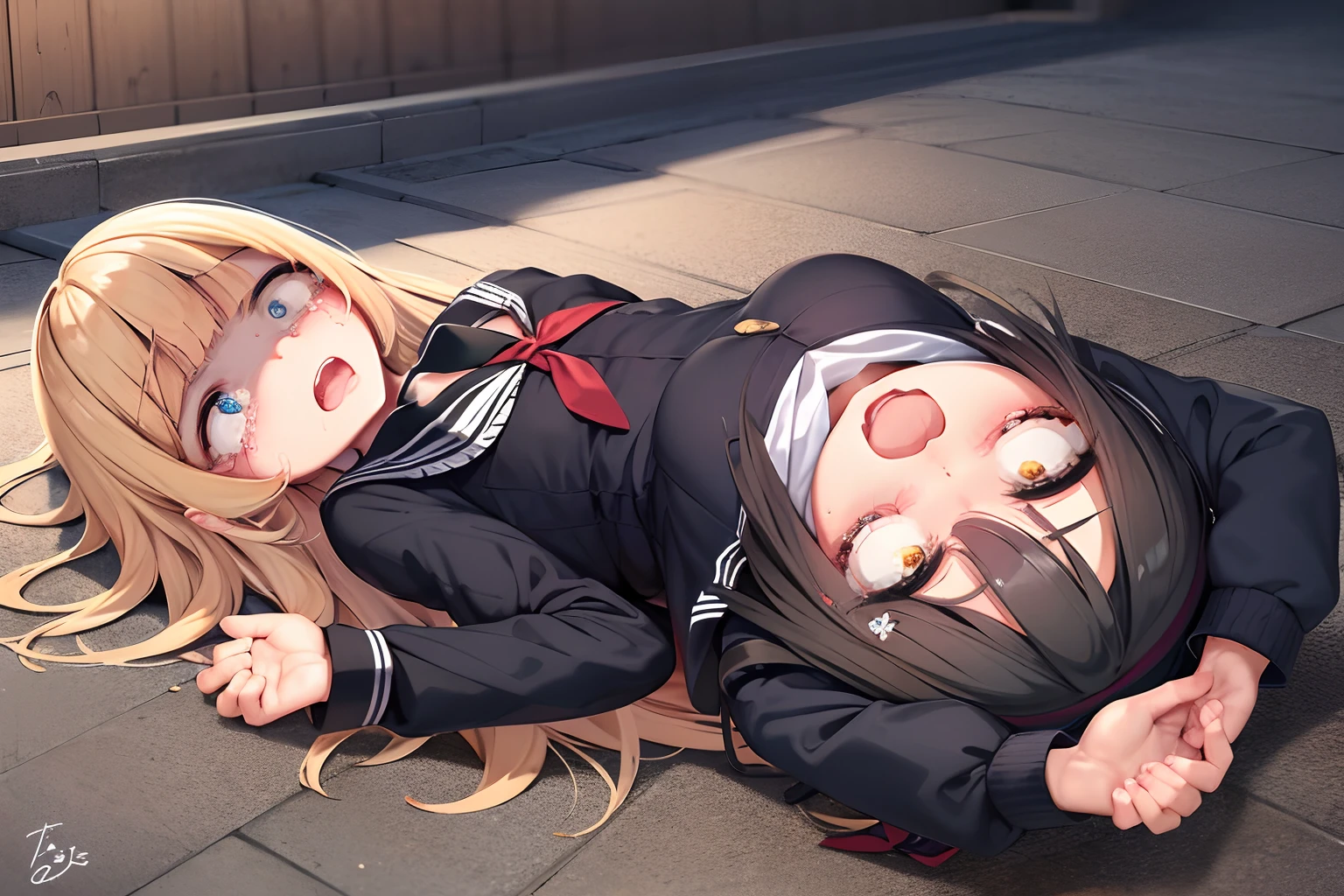(masterpiece:1,2), best quality, scared expression, open mouth,tears,
1gir, lying , serafuku,on back, black anime girl