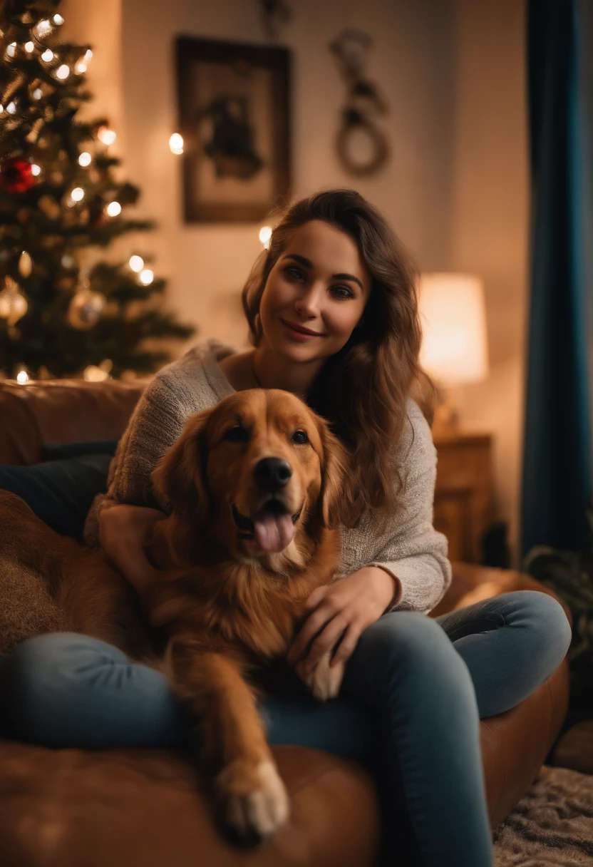 One girl and her dog hanging out in the living room, A cozy winter night, having a good time, highly realistic photo, Detailed facial expressions, Realistic eyes, NO WATERMARK, Canon Photography, 50 mm