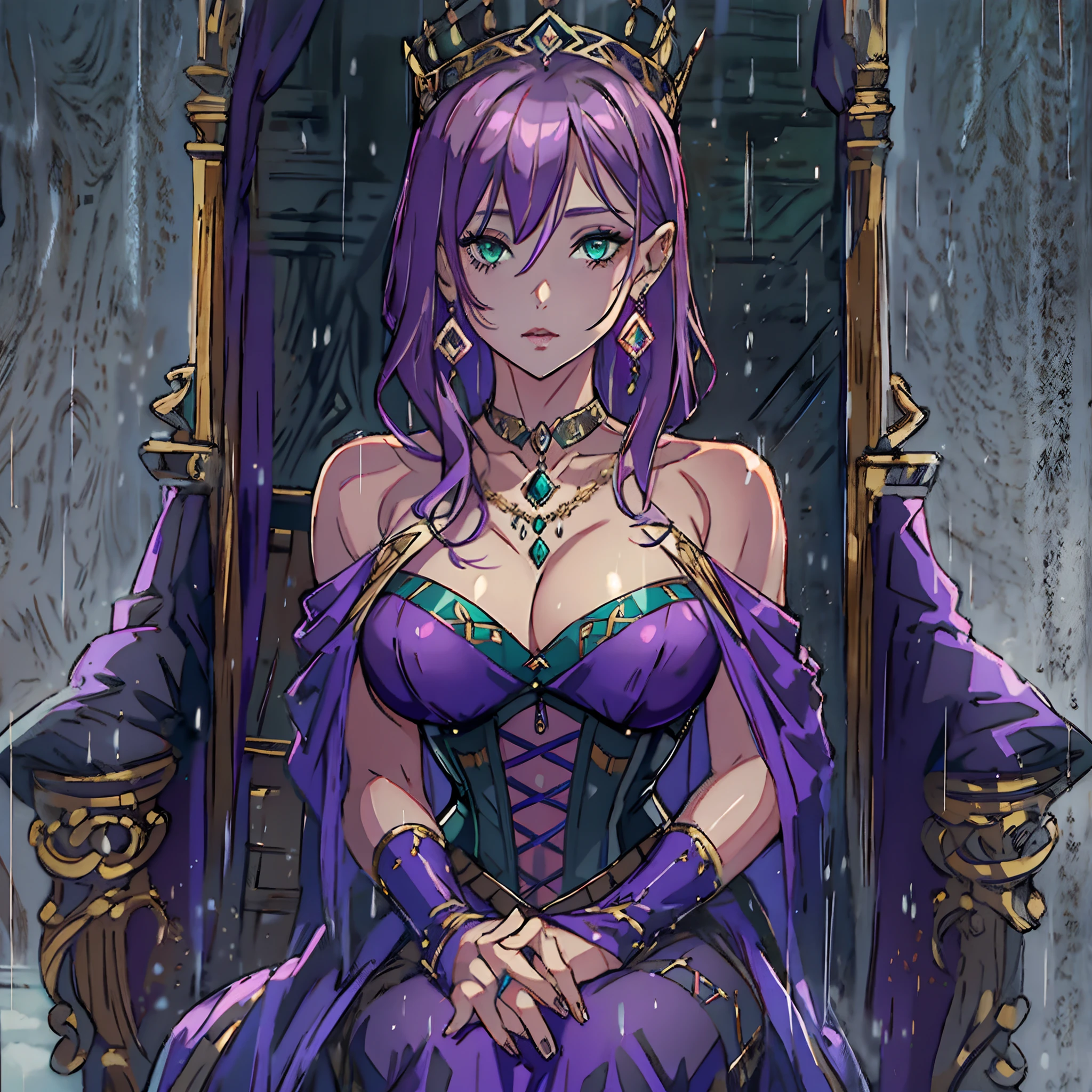Throné, a beautiful mature woman in the rain in a purple dress with large dark eyes, 1girl, jewelry, solo, earrings,  sharp eyes, green eyes, corset, small breasts, curvy body, thighs