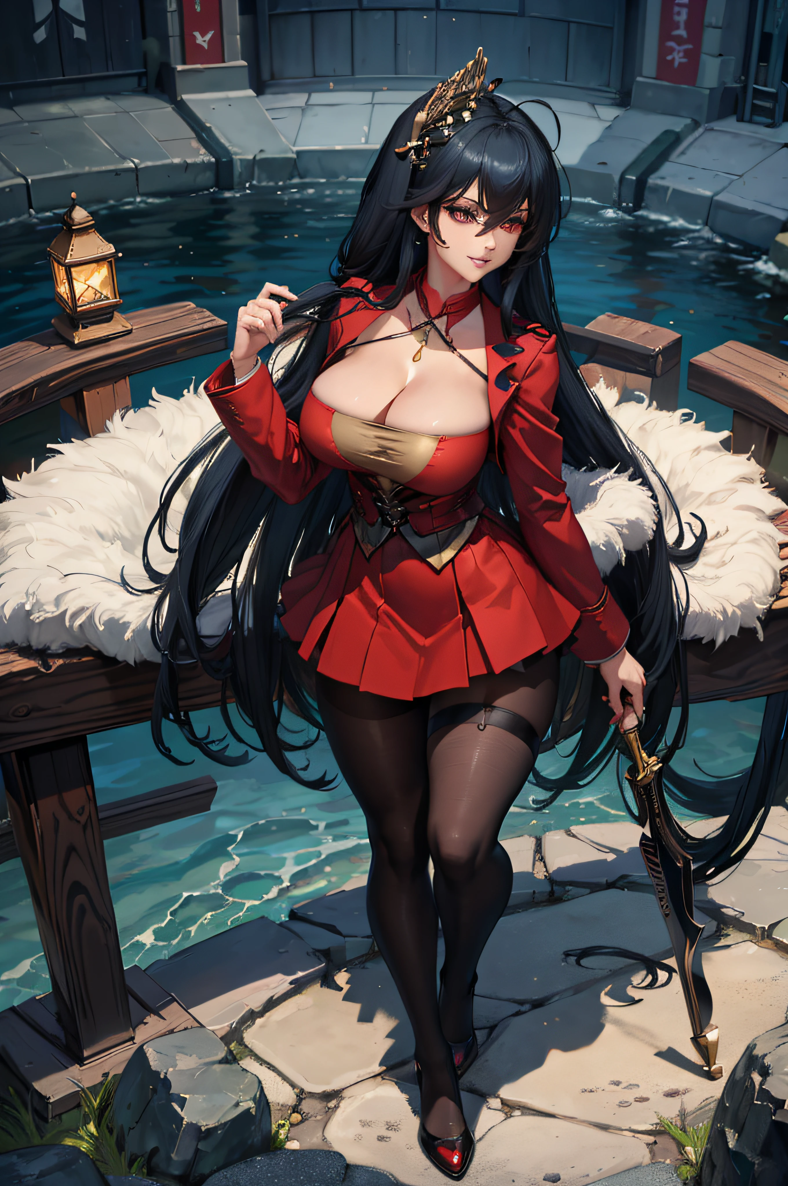 taihousweet; anime girl in black lingerie and black stockings, and black militar cap, opening her long jacket; long jacket; black and red jacket; open jacket; black lingerie; black stockings; black pantyhose; black hat; militar cap; black shoes; smile; smiling; cheerful facial expression; older females; mature women; long platinium hair; earings; thin necklace; large breasts; perfect breasts; cleavage; shaped thighs; morning light; sunlight; ethereal; looking down at viewer; seductive anime girls; seductive look; sexy pose; full body; (full body shot:1.1); beautiful detailed eyes; beautiful detailed girl; curvy:1.1; dynamic pose; perfect eyes; perfect face; perfect retina; perfect hands; perfect fingers; perfect feet; perfect toes; ultra detail face; ultra detail hair; very detailed eyes and face; ambient occlusion; cinematic lighting; field of view; fluid motion; harmony; interconnected elements; movie lighting; photorealistic lighting; realistic shadows; (vibrant colors:1.05); vivid lighting; warm and cool color palette; amazing; solo; trending on artstation pixiv; 8k wallpaper; best quality; CG; detailed painting; fine detail; (High Quality:1.4); high resolution; huge file size; illustration; Intricate Details; masterpiece; (photorealistic:1.4); professional artwork; (raw photo:1.2); reflective art; sharp focus; super detailed; unified; very detailed; extremely detailed artgerm; (nsfw) Not Safe For Work; from Azur Lane; Azur Lane Style;