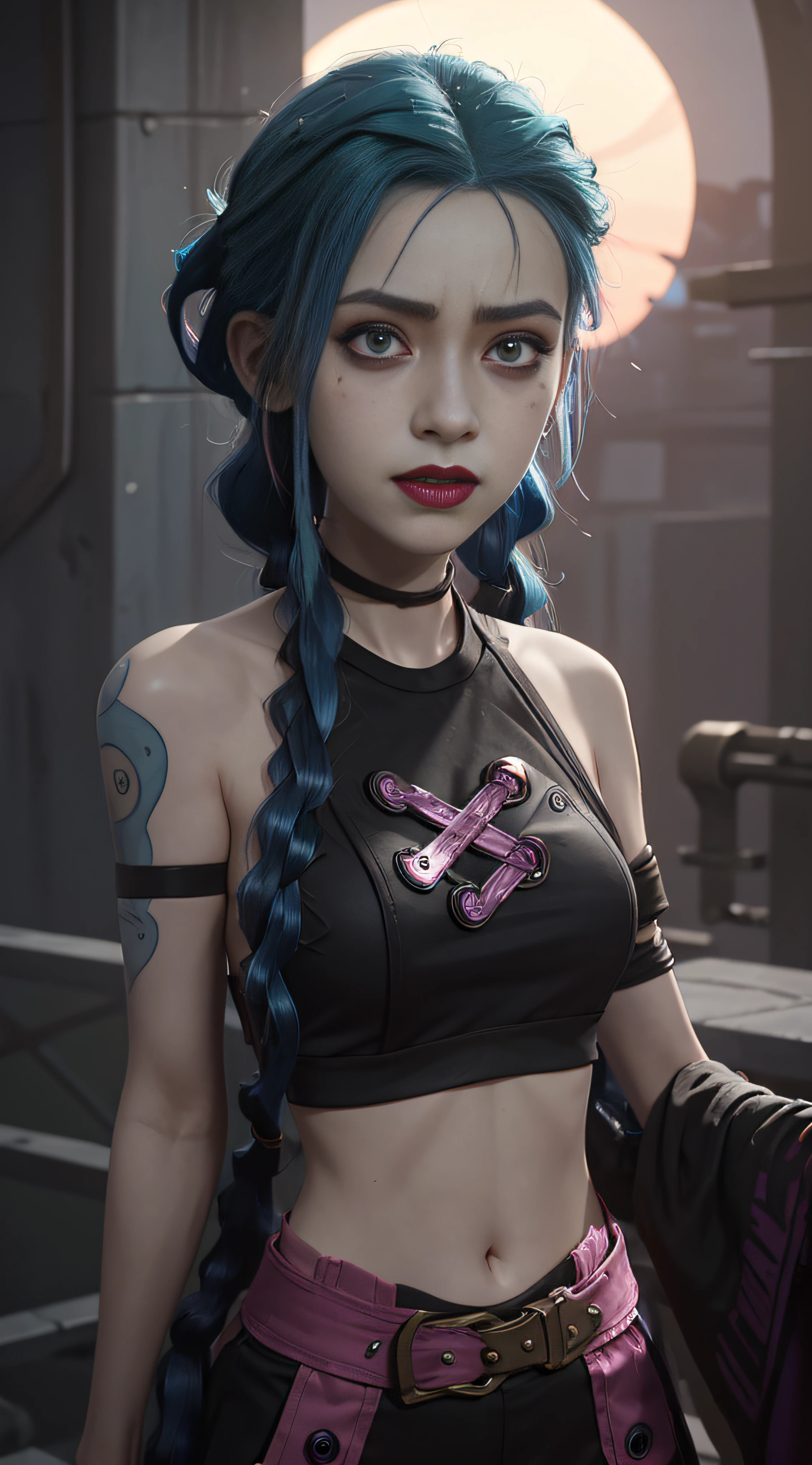 glowing, face focus, portrait, crazy, insanity, glowing pink eyes,arcane style, 1girl, arm tattoo, asymmetrical bangs, bangs, blue hair, braid, brown shirt, cloud tattoo, looking at viewer, laughing, crazy, uncontrollable laugh, mad look, night, city, green hair, long hair, midriff, pink eyes, red lips, shirt, solo, standing, tattoo, twin braids, upper body, arcane jinx, jinx \(league of legends\)