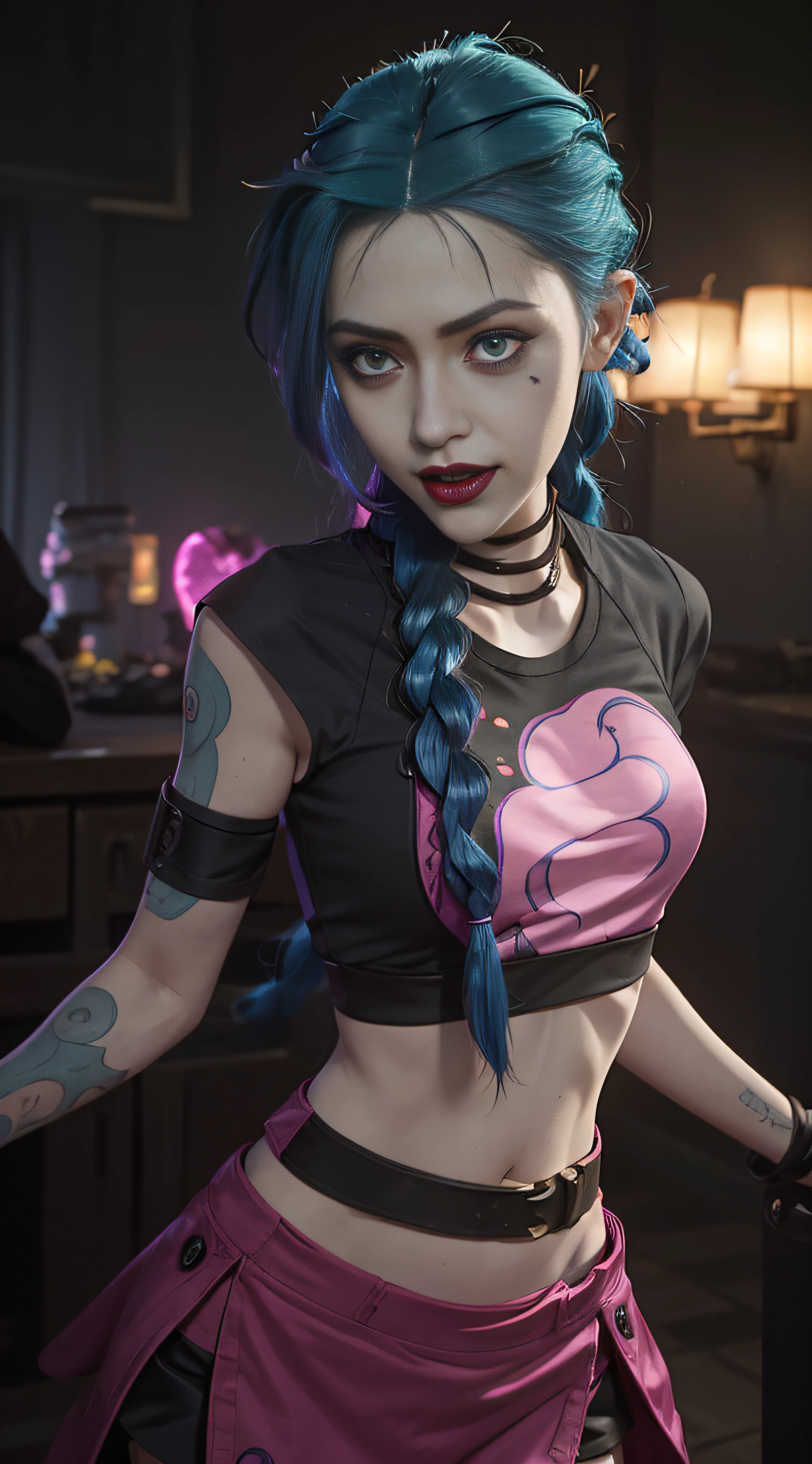 glowing, face focus, portrait, crazy, insanity, glowing pink eyes,arcane style, 1girl, arm tattoo, asymmetrical bangs, bangs, blue hair, braid, brown shirt, cloud tattoo, looking at viewer, laughing, crazy, uncontrollable laugh, mad look, night, city, green hair, long hair, midriff, pink eyes, red lips, shirt, solo, standing, tattoo, twin braids, upper body, arcane jinx, jinx \(league of legends\)