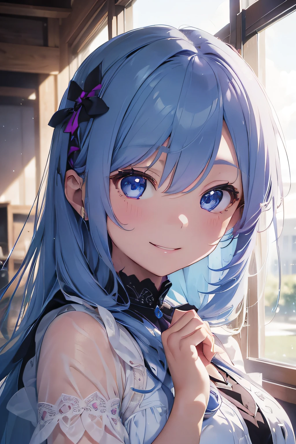 Beautiful fece, ​masterpiece, top-quality, hiqcgbody, animesque, 1girl in, Medium chest, portrait shot, Look at viewers, wetted skin, intricate detailes,>,((coverd)a closeup, straight-on, adult lady,Very long hair swaying in the wind、 The chest is fluttering、Princess in white and purple dress.:1.4、Light blue hair、Her eyes shone like dreamy stars(radiant eyes:1.233)、(beautifully detailed eyes:1.1)、The background is fixed in a room celebrating a birthday、[[Delicate fingers and hands:0.55]::0.85]、(detail finger)、Light blue eyes、Light blue hair、Delighted、huge smile、a smile、Eyes closed、birthday、happy