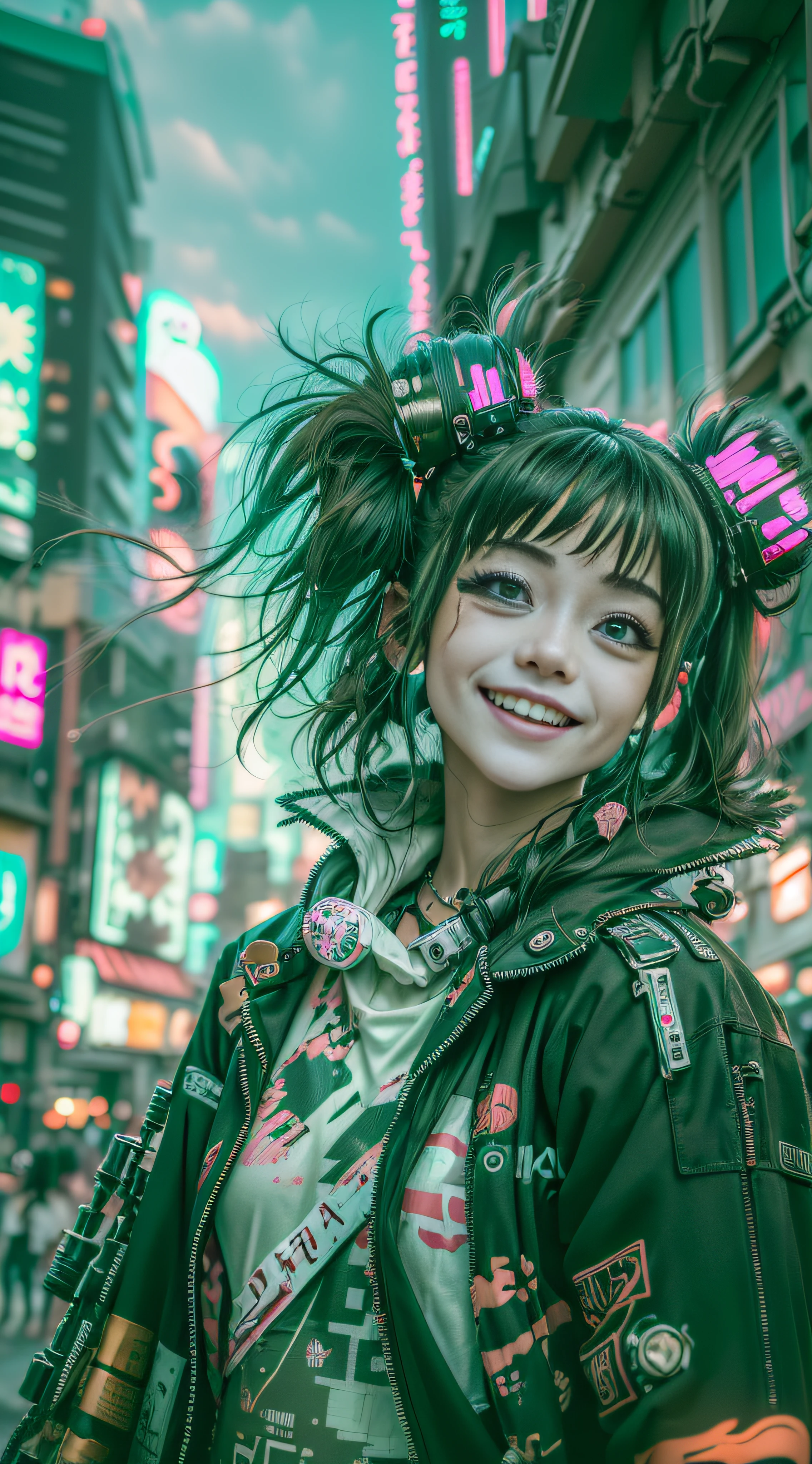 ((2 cyberpunk girls wearing Harajuku Tech costumes), (fisheyelens), self-shot, Cowboy shot, Wind, Messy hair, cyberpunk city landscape, (Aesthetics and atmosphere:1.2),Smiling, Laughing