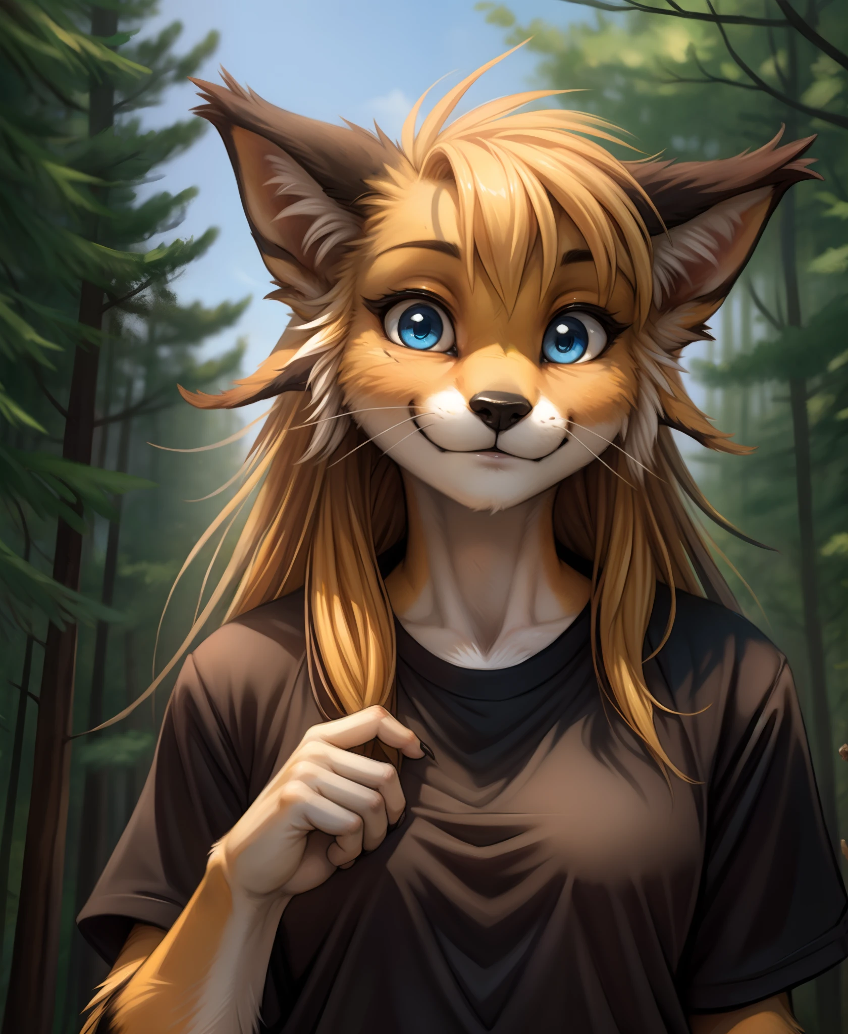 by kenket, by totesfleisch8, (by thebigslick, by silverfox5213:0.8), (by syuro:0.2),, mike-twokinds, mike, twokinds, by tom_fischbach,, (best quality, masterpiece:1), solo, furry female anthro, blue eyes,long hair, black tip yellow hair, portrait, fingers, finger claws, looking at viewer, Fox tail, (outdoors dark forest trees blurry blurred background:1.1), shirt