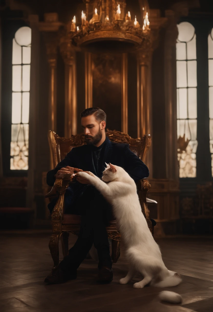 A man feeds a cat sitting on a chair, Throne Room. highly realistic photo, Detailed facial expressions, Realistic eyes, NO WATERMARK, Canon Photography, 50 mm