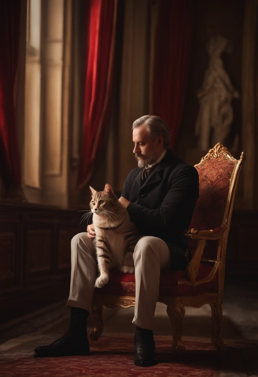 A man feeds a cat sitting on a chair, Throne Room. highly realistic photo, Detailed facial expressions, Realistic eyes, NO WATERMARK, Canon Photography, 50 mm