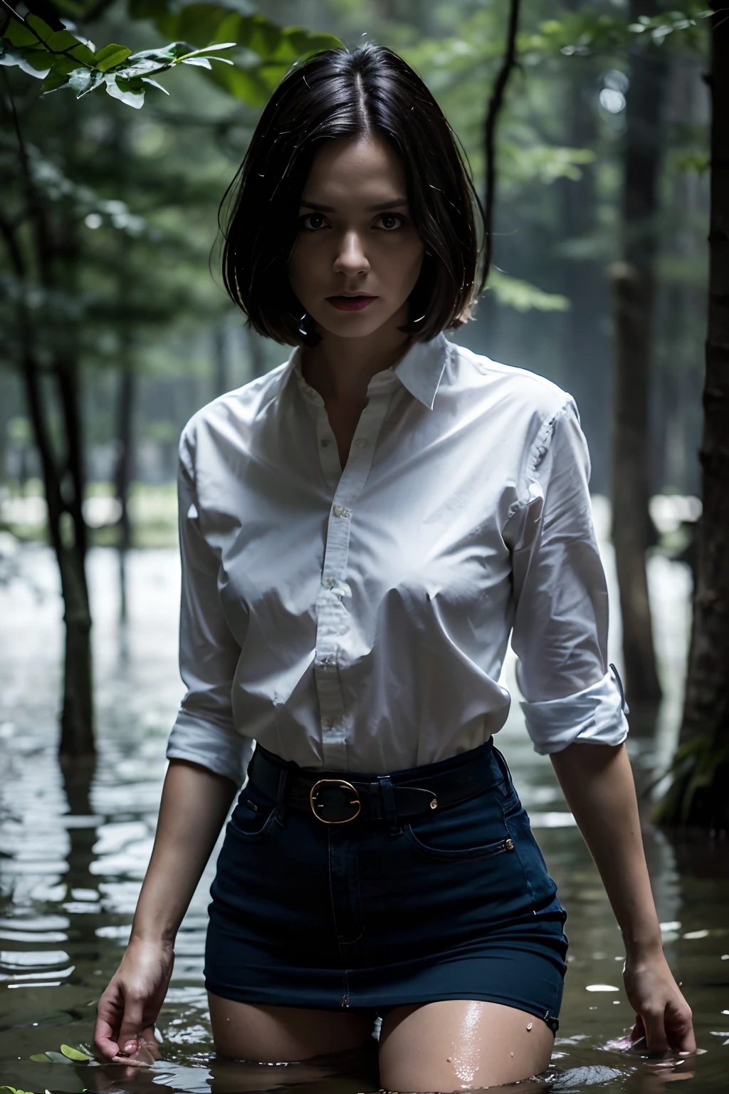 (Best Quality,tmasterpiece,great details, Dynamic frame:1.2),Forest around,The woman,Pronounced wrinkles,Bob haircut,jeans skirt,blouse,Stockings with garters, (drowning in a swamp:1.3),Detailed eyes and face,expression of despair,An anxious look,Dark and moody lighting, Unsettling premonition, Disgraced Hands, Imminent Doom,(Psychological thriller:1.2),